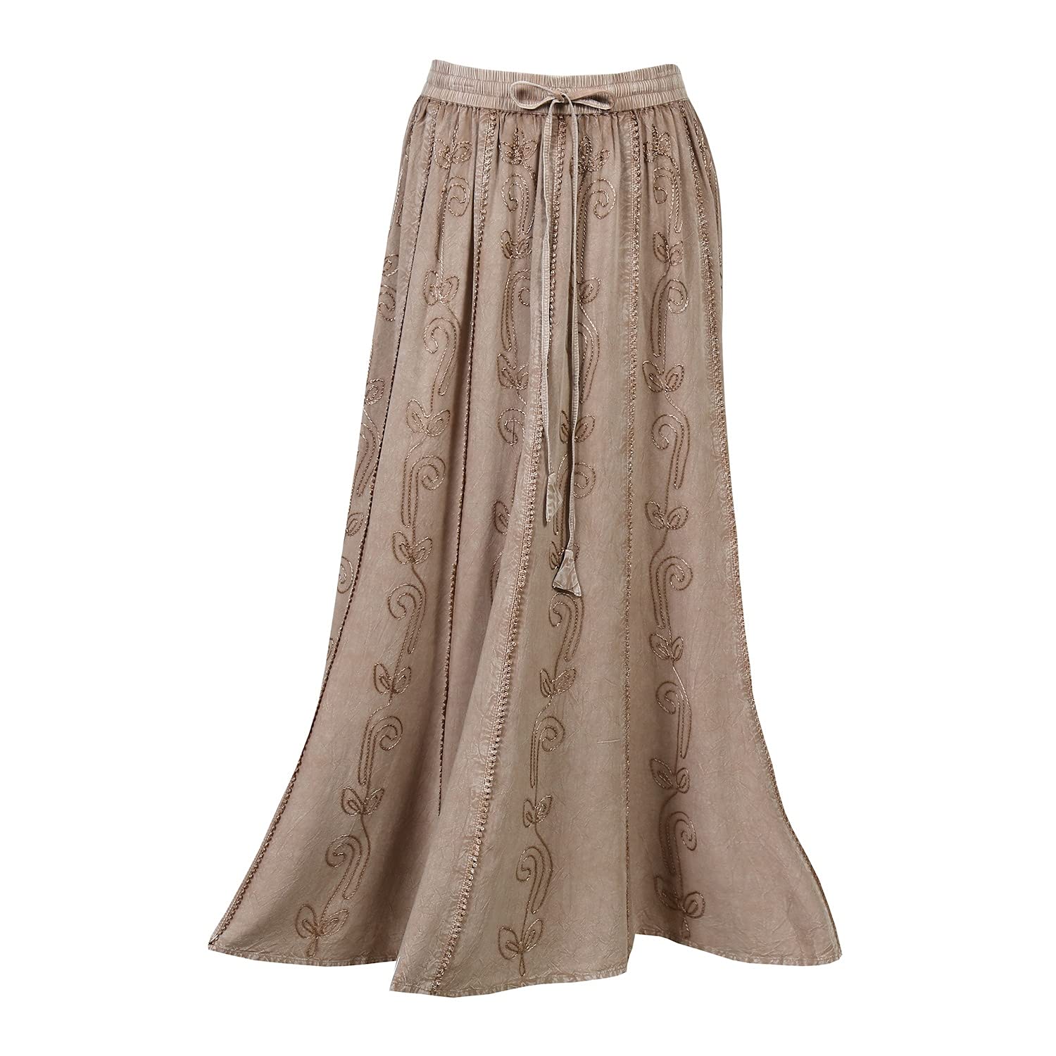 Women's Floral Embroidered Maxi Skirt-Over-Dyed Long Peasant Skirt, Ankle Length