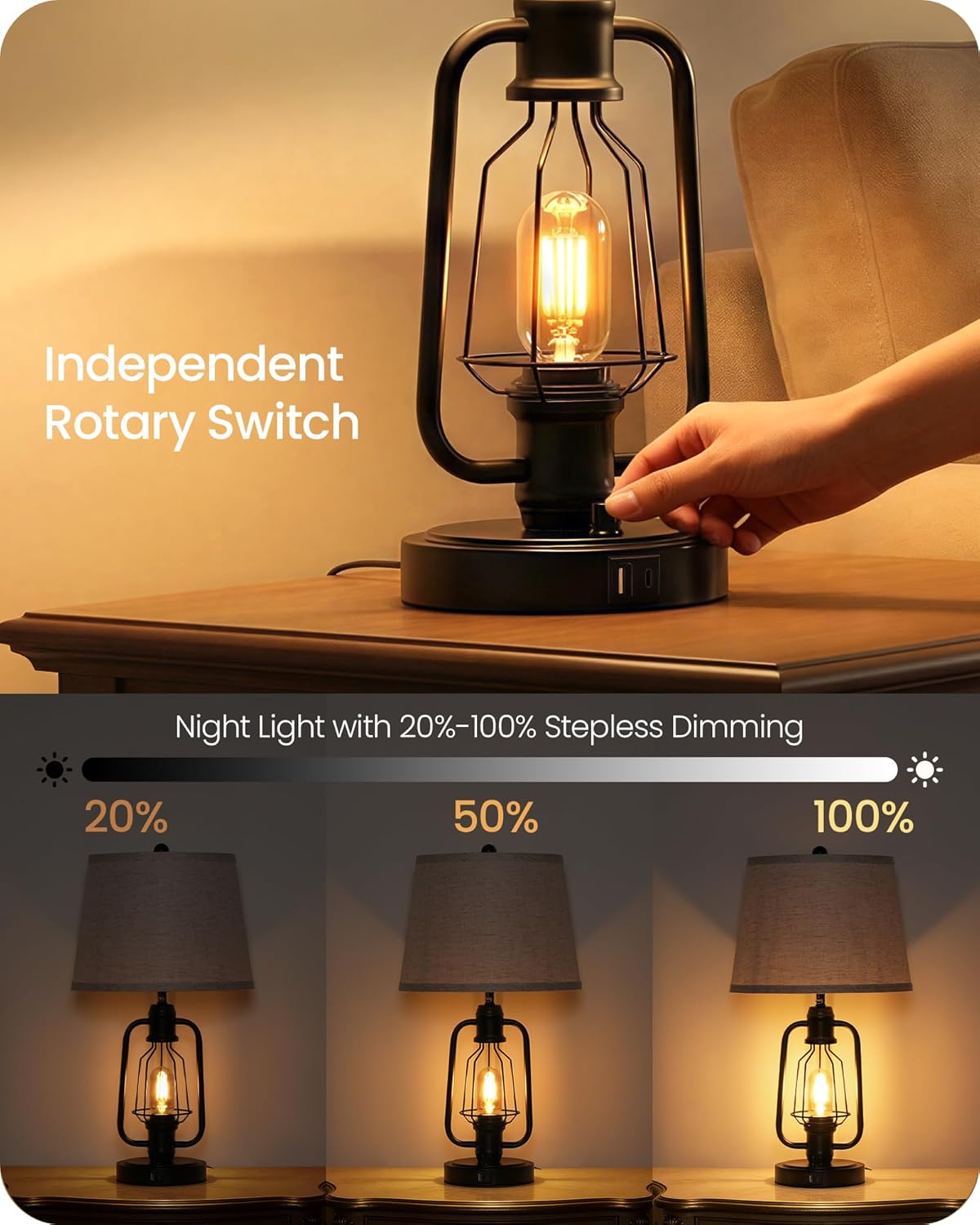 Farmhouse Table Lamps Set of 2, Industrial Bedside Table Lamps with USB Ports, Rustic Vintage Nightstand Desk Lamps for Living Room, Bedroom, 4 Bulbs Included, Beige and Black E14TLP205