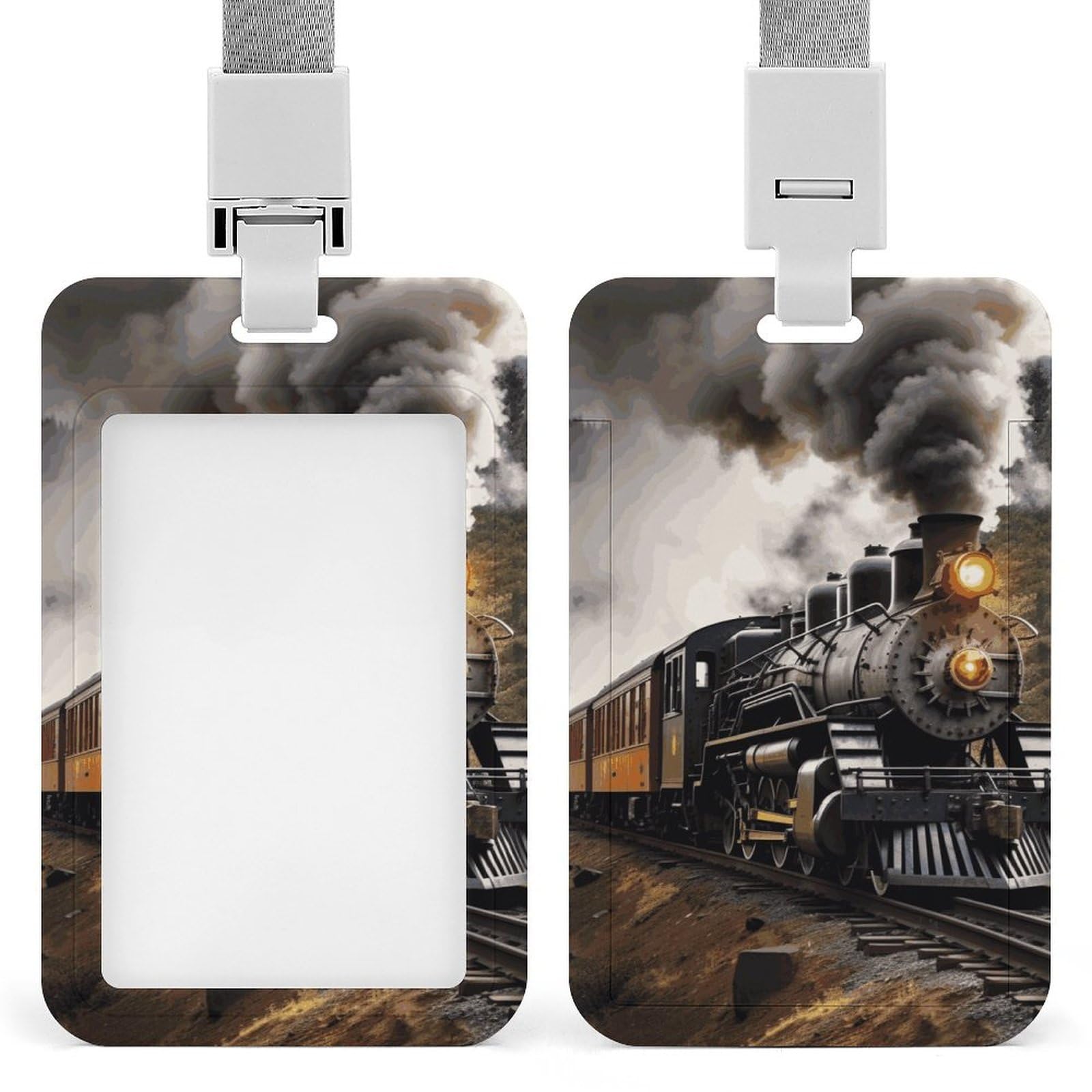ID Card Holders for Lanyard,Steam Train Printed Badge Holder with Clear Window,Plastic Vertical Bus Pass Holders for Work Teacher Nurse Employees Proximity Key Cards Women Men — image 1