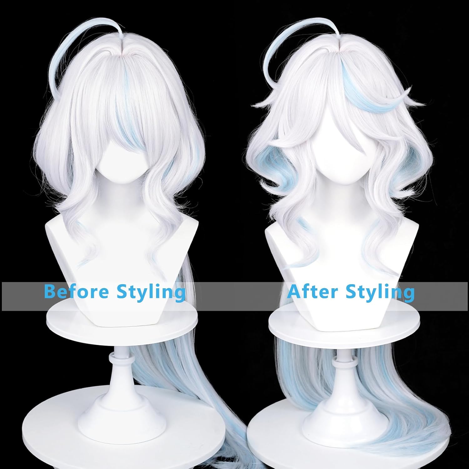 Furina Cosplay Wig for Women White Mixed Blue Wig Focalors Fontaine Blue Highlights Wigs Hair + Elf Ear + Wig Cap for Halloween Comic Con Costume Party