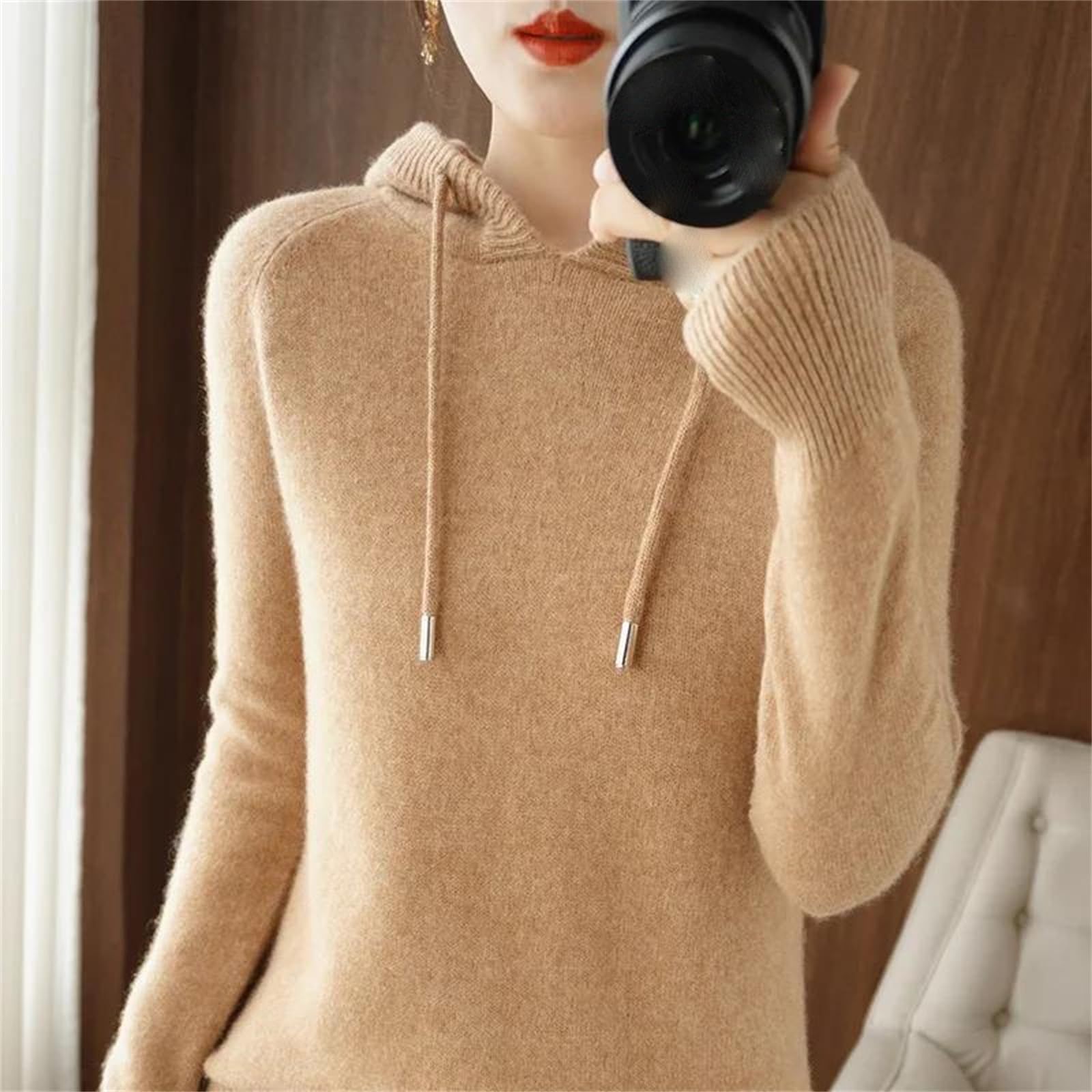 Yeuyyben Maglione da donna in lana merino capispalla con cappuccio colletto pullover invernale fondello maglieria casual caldo morbido top arancione, Arancione, XL