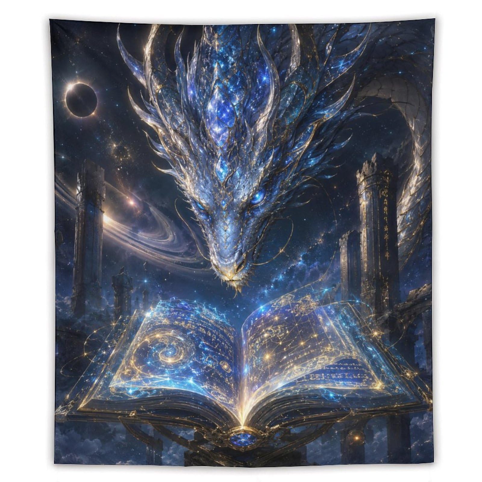 W7C8U2X3 Blue Dragon Magic Book Wall Tapestry, Surrealist, Fantasy Legend