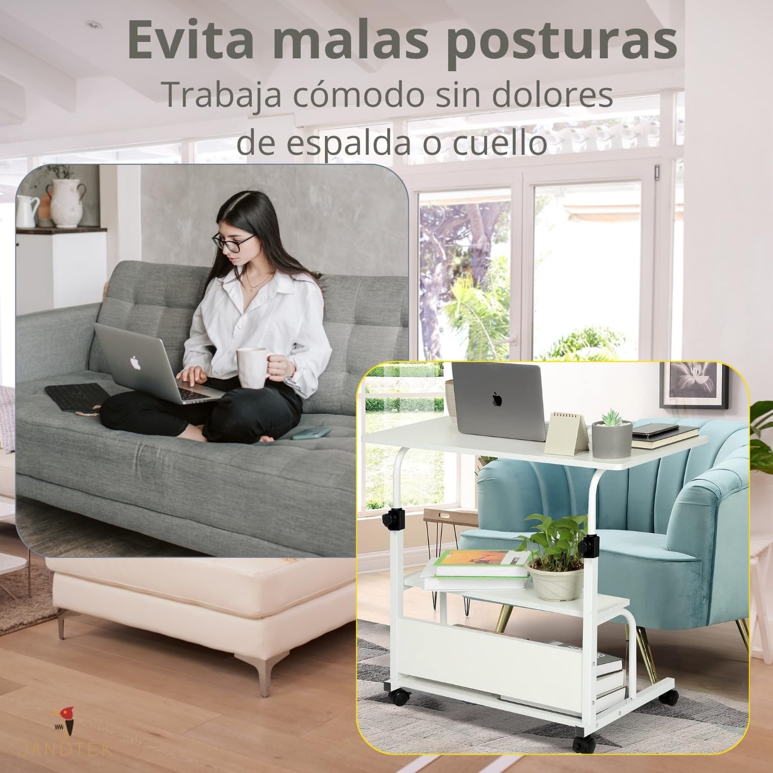 Mesa Portátil para Ordenador con Ruedas – Escritorio Auxiliar Regulable en Altura para Sofá o Cama – Mesa Pequeña con Estante Inferior para Teletrabajo y Espacios Reducidos (Blanco 60 x 40)