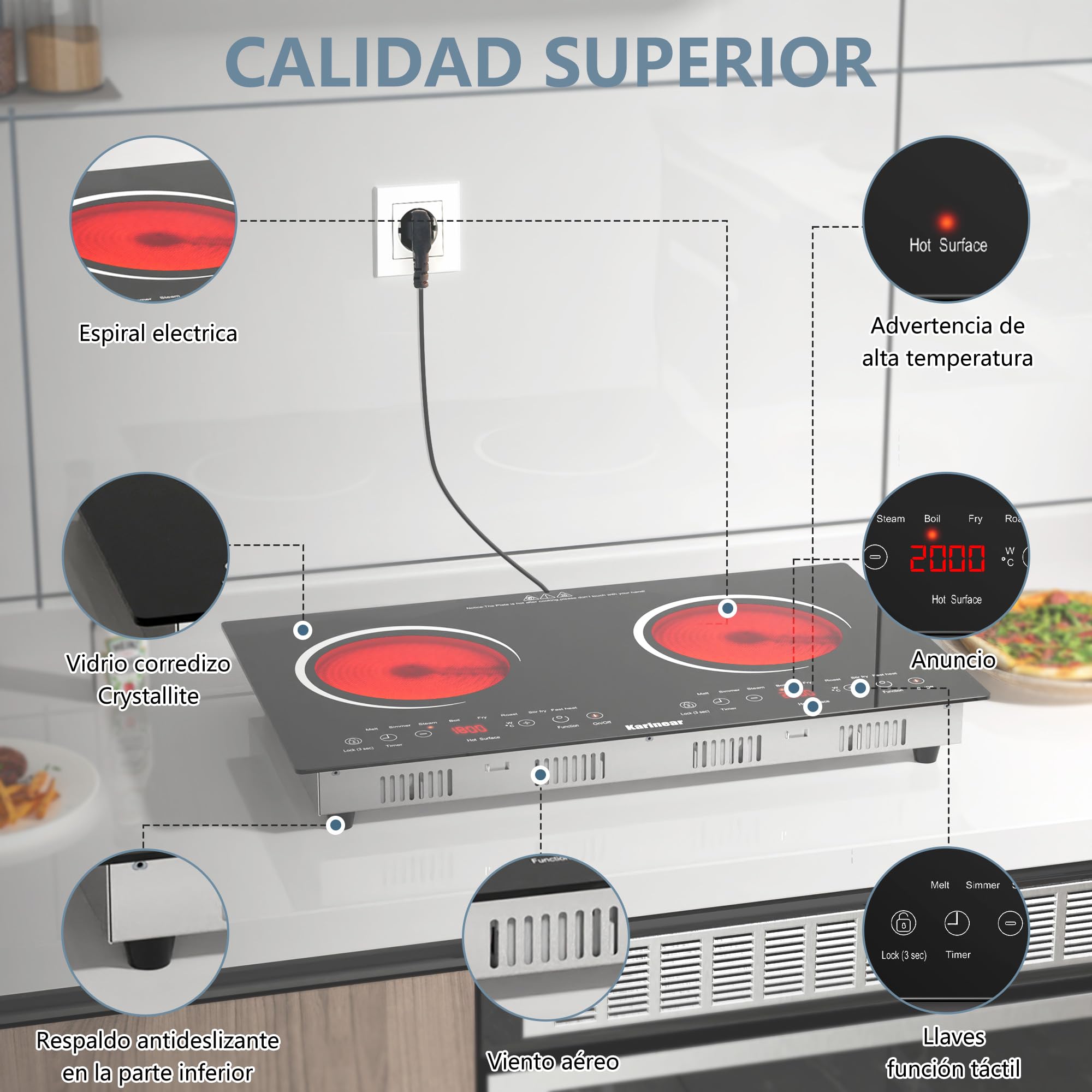 Karinear Placa Vitrocerámica 2 Fuegos Portátil, 8 Funciones de Cocción Rápida, Control Táctil, Bloqueo de Seguridad Para niños, Temporizador, Vitrocerámica 2 Zonas con Enchufe, 220-240 V, 3600 W