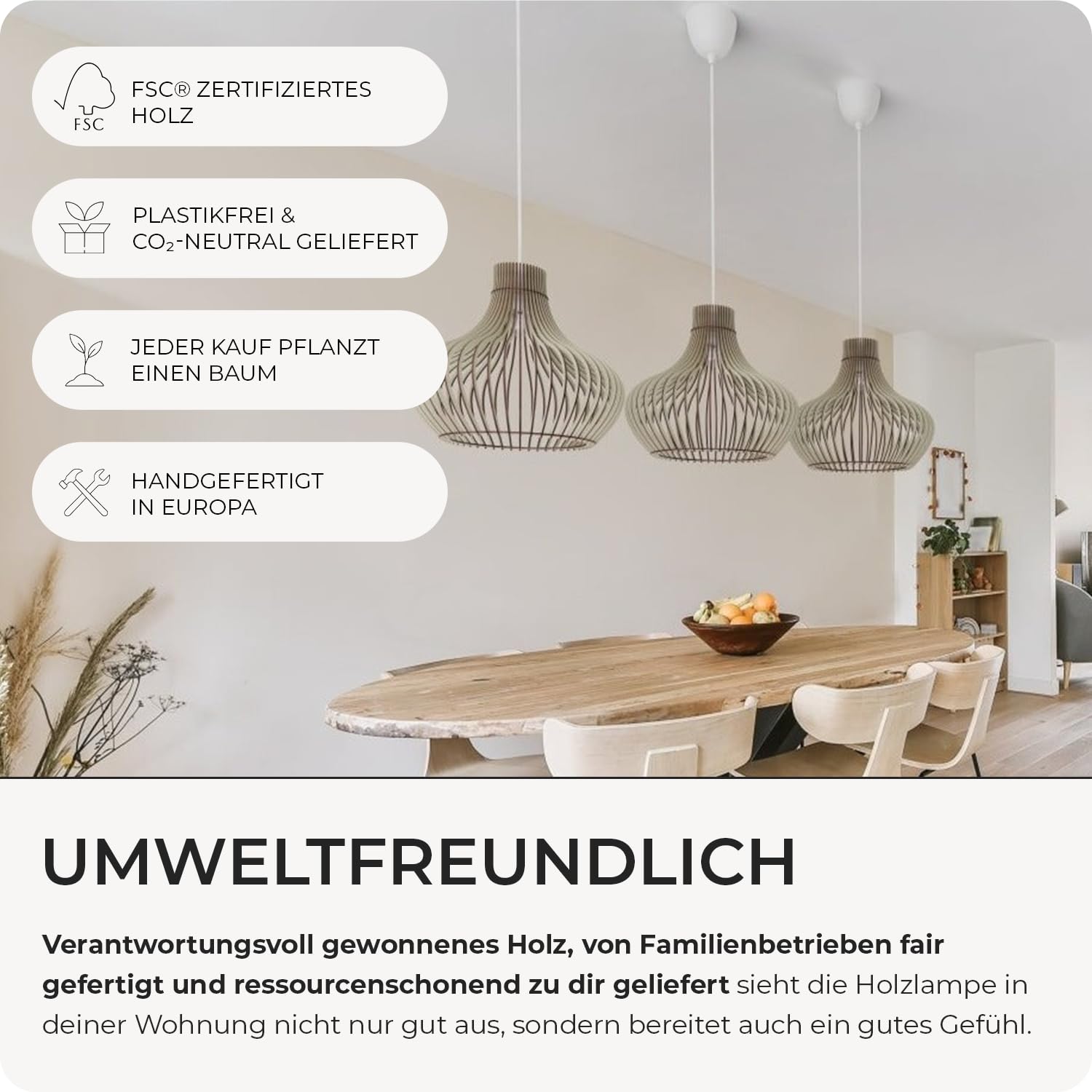 Pendelleuchte Holz „Iduna“, skandinavische Hängelampe Esstisch + Wohnzimmer, Boho Hängeleuchte höhenverstellbar + dimmbar mit E27 Fassung (HxD 50x55 cm, Iduna)