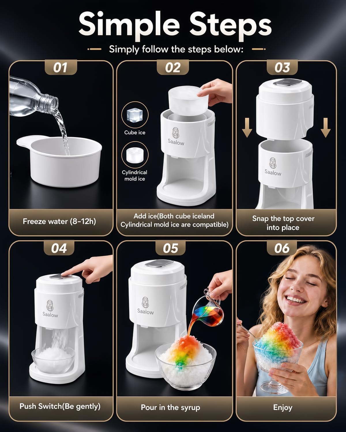 Electric Shaved Ice Machine, Professional Snow Cone Maker with Adjustable Thickness Settings, High-Efficiency 135W Motor, Portable Ice Crusher for Fluffy Ice & Slushies, Includes 2 Ice Molds