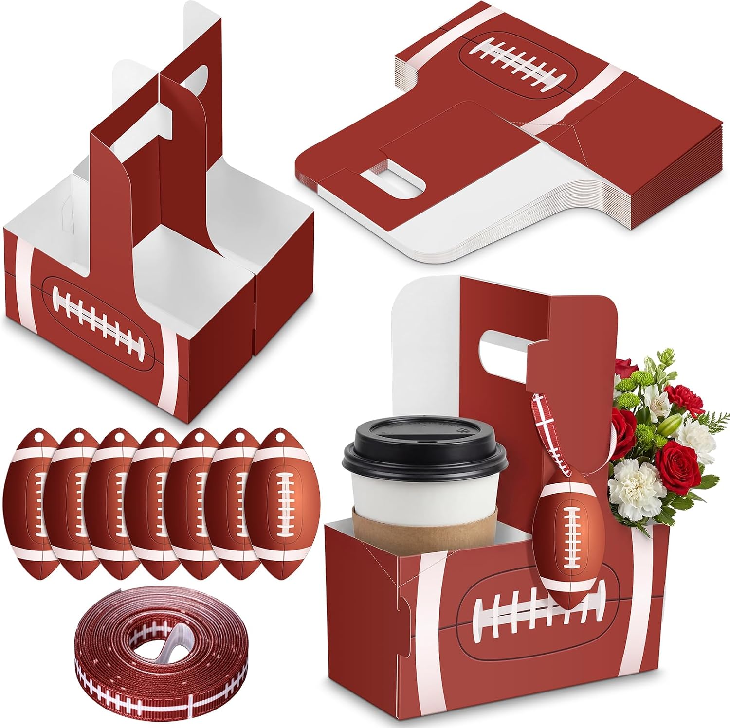 24 Set Football 2 Cup Drink Carrier with Handle Portable Foldable Tray Drink Holder for Gifts Cardboard Coffee Cup Holder with Ribbon and Card Football Senior Night Sport Gym Party Favor
