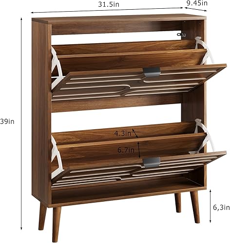 Miniatura 2 de Spaco Armario de zapatos de nogal para entrada, armario organizador de zapatos estrecho con 2 cajones abatibles, zapatero delgado con patas de
