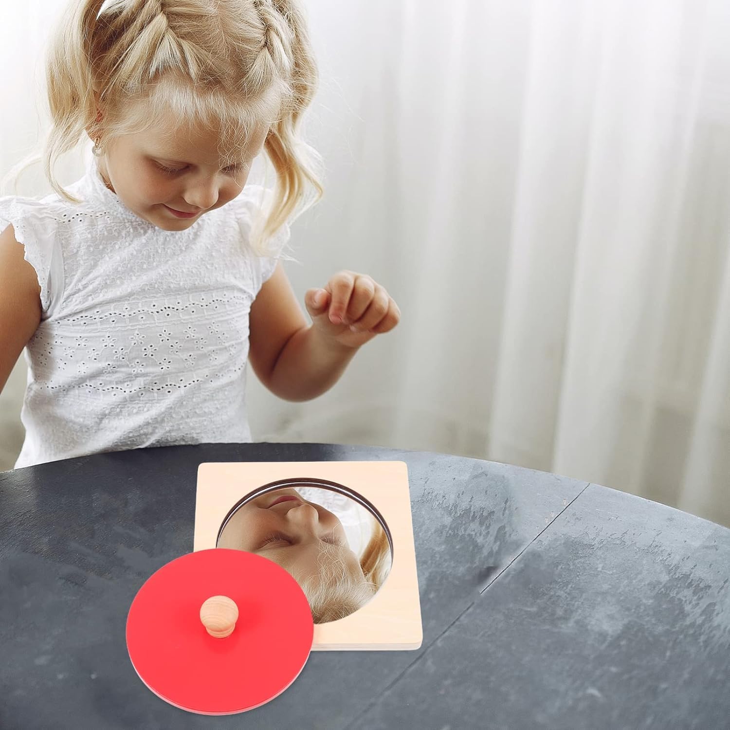 Montessori Mirror, Baby Mirror Button Puzzle Toys, okrągłe drewniane zabawki w formie geometrycznej Wczesne zabawki edukacyjne dla noworodków, dzieci, małych dzieci 6-12 miesięcy