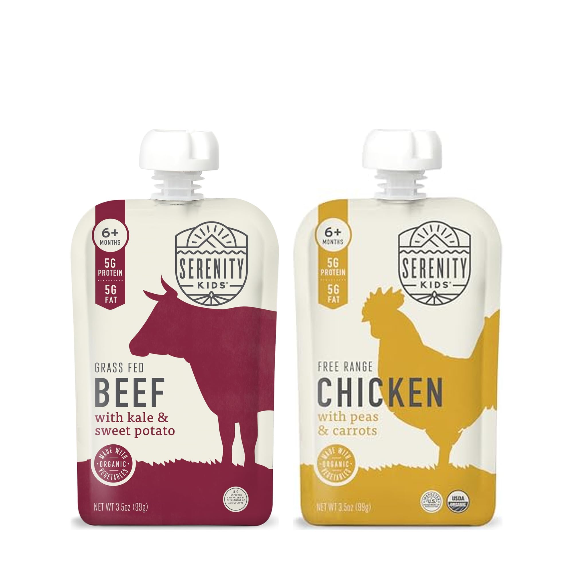 Serenity Kids Baby Food Pouches Variety Bundle - Grass Fed Beef & Free Range Chicken with Veggies - 5g Protein Toddler Snacks, No Added Sugar - 3.5 Oz Pouch, Pack of 24, 6+ Months
