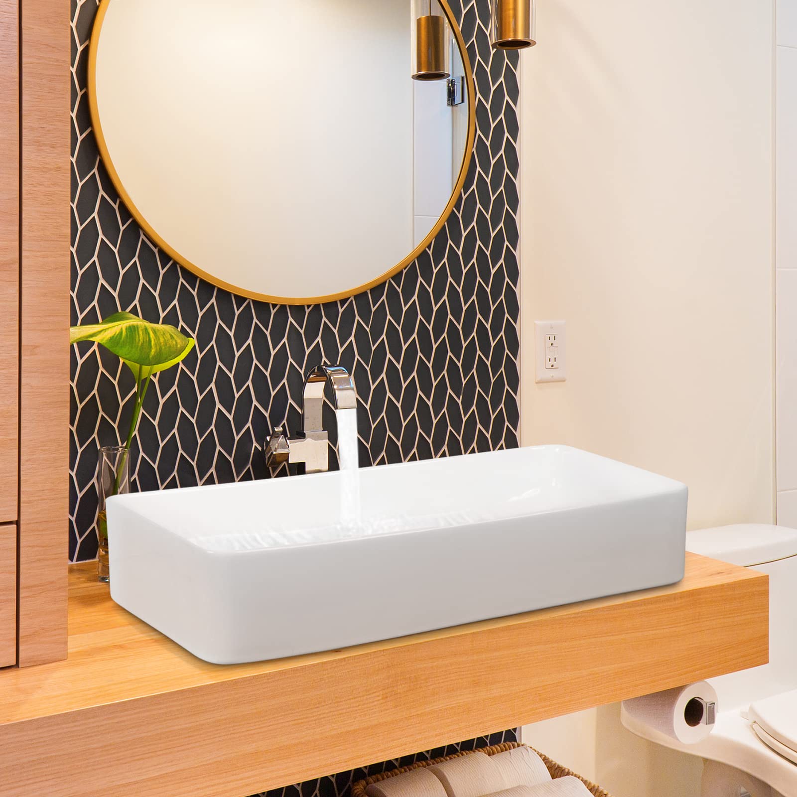 GIANTEX Lavabo rectangulaire à poser, en céramique, blanc, avec évacuation pop-up, 60 cm de large, pour salle de bain et WC d'invités ED0873DE