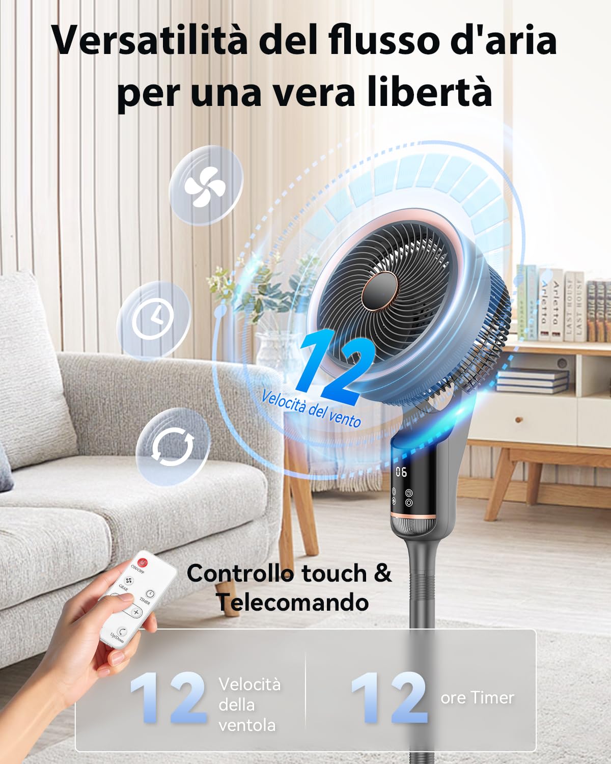 Ventilatore a Piantana, 2 in 1 Ventilatori da Tavolo, 30dB Smart Ventilatore Silenzioso, Telecomando,90°, 12 Velocità, 3 Modalità, Altezza 75-105cm, Timer 12H