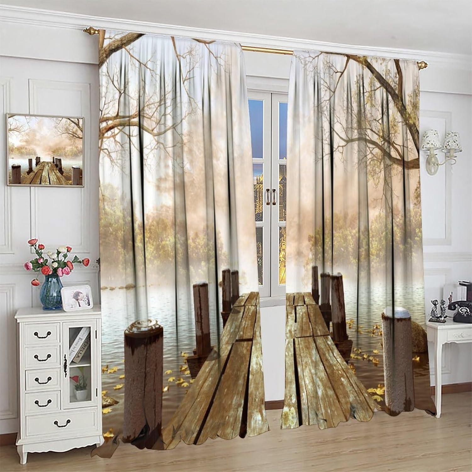 Misty Forest Blackout Curtains Lake Old Wooden Dock Trees Falling Leaves Nature Landscape Window Treatments for Bedroom Living Room Office Kitchen 55" W X 63" L