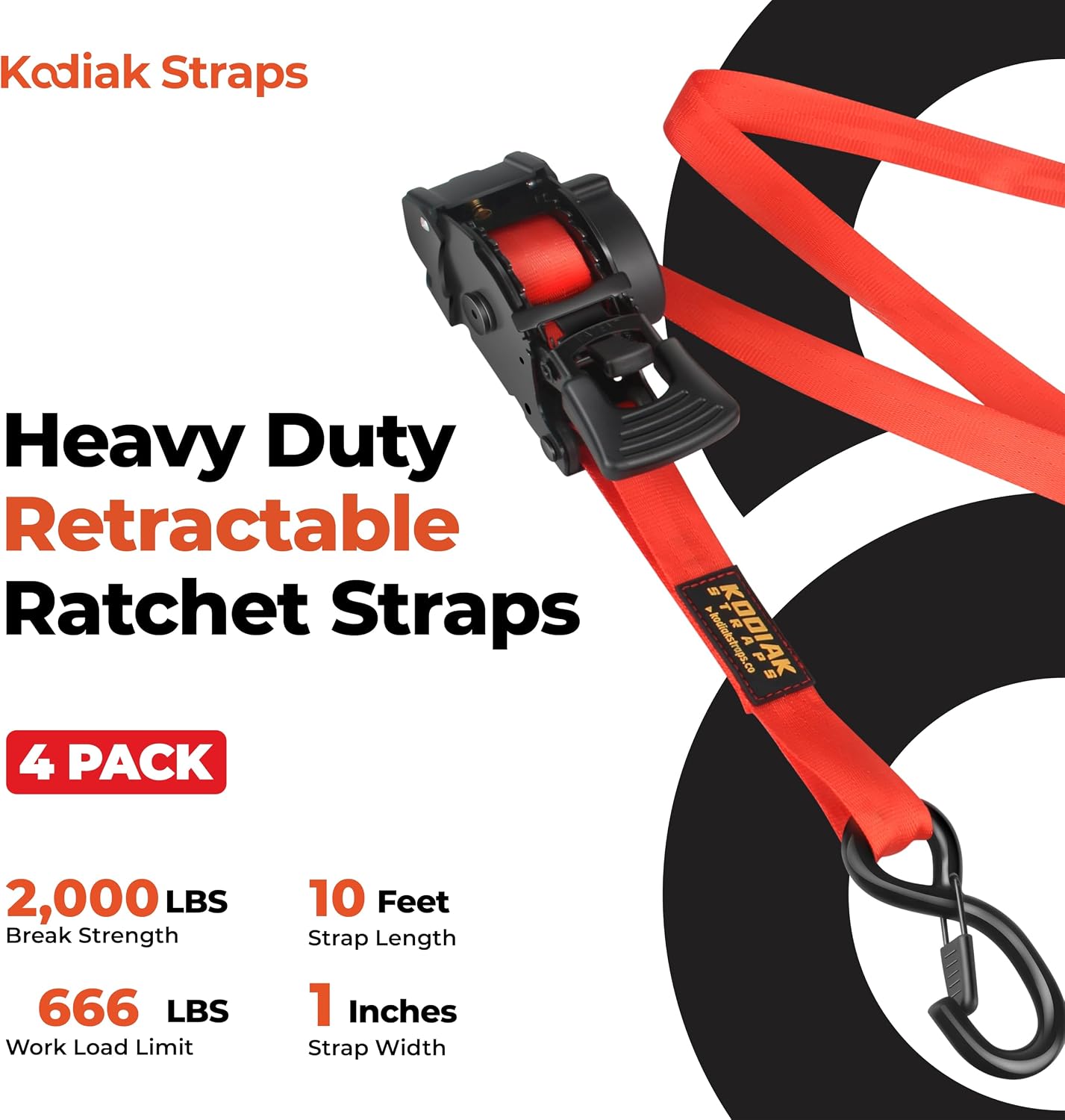 Retractable Ratchet Straps 1" x 10ft, 1,800lb Break Strength, Heavy Duty Easy Release Tie Down for Trucks, Trailers, Motorcycles, ATVs, Secure Cargo KODIAK STRAPS (Blue, 4Pack)