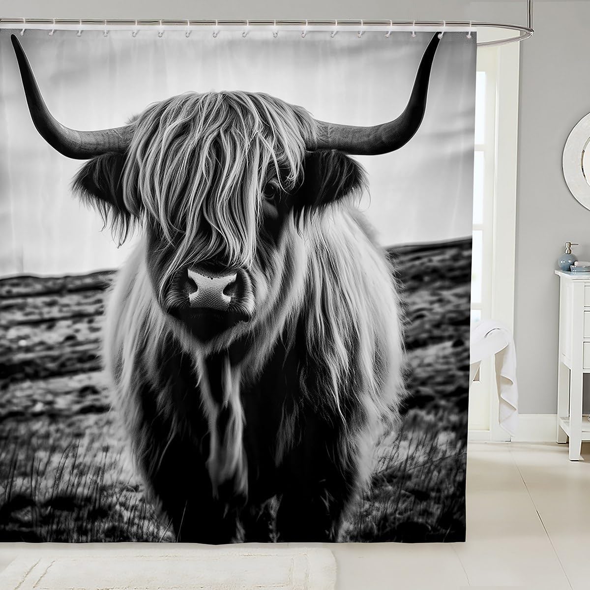 Erosebridal Farmhouse Shower Curtain Highland Cow Bull Shower Curtains Set, Western Wildlife Funny Cattle White Grey Fabric Farm Animals Shower Curtain for Bathroom Kids Decor, 72" W X 78" L