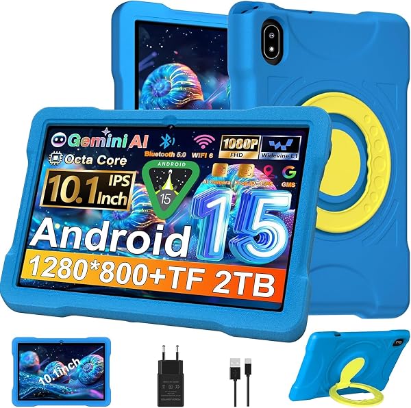 Tablette 10 Pouces avec 30Go RAM+TF 2To,Octa-Core 2.0 GHz/GMS, Gemini AI/Widevine L1/Éducative,5G WiFi/Bluetooth 5.0,5MP+8MP/FHD IPS,Newest Tablette Android 15 avec EVA Cas+360° Rotatif Support-Bleu - 1