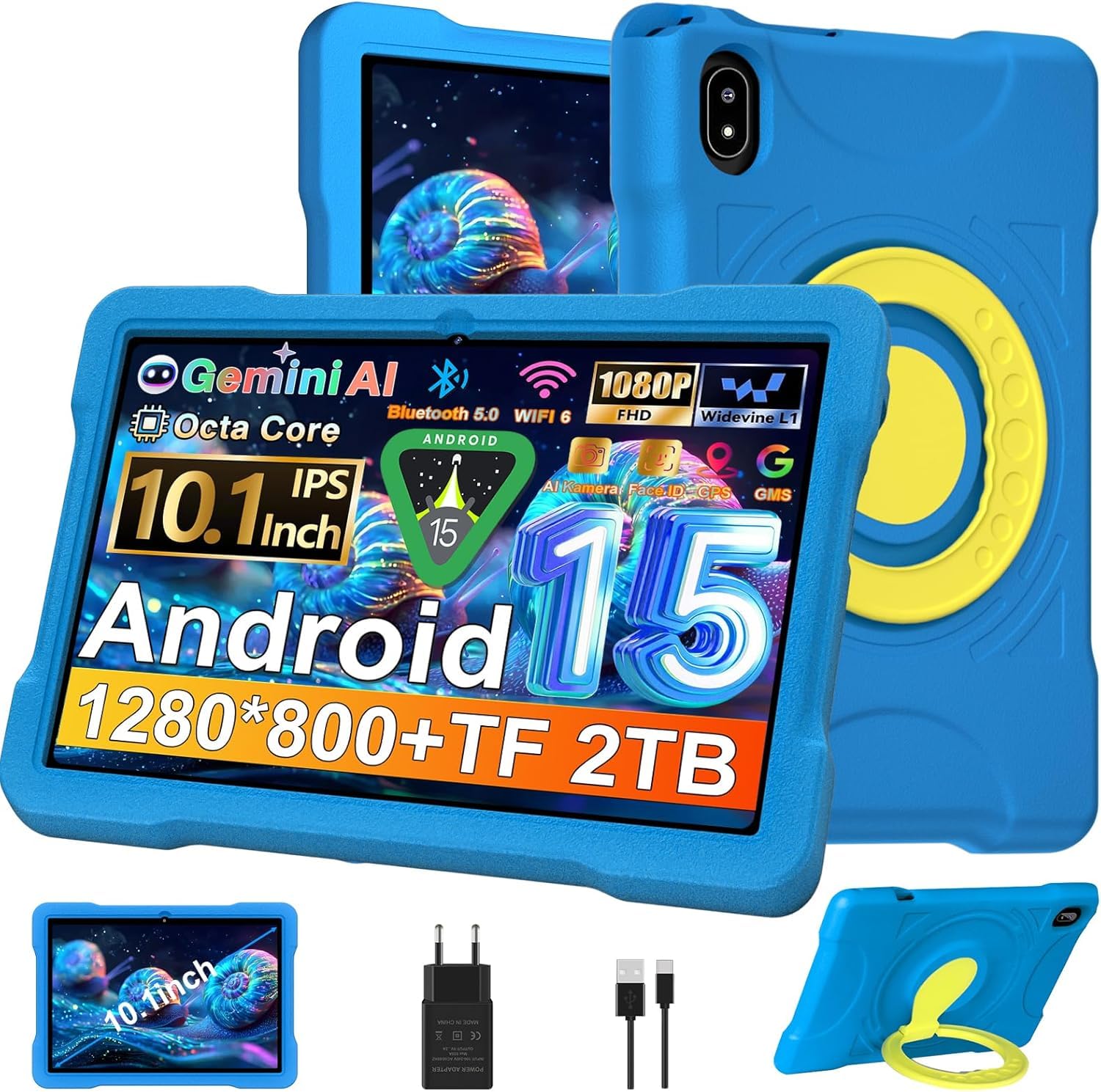 Tablet 10 Pollici Android 15 con 30GB RAM+TF 2TB, Octa-Core 2.0 Ghz, Gemini AI/Widevine L1, Bluetooth 5.05G WiFi,1080*800/5MP+8MP, 2026 ultimo Tablet Bambini con Caso EVA+Staffa girevole a 360°- Blu