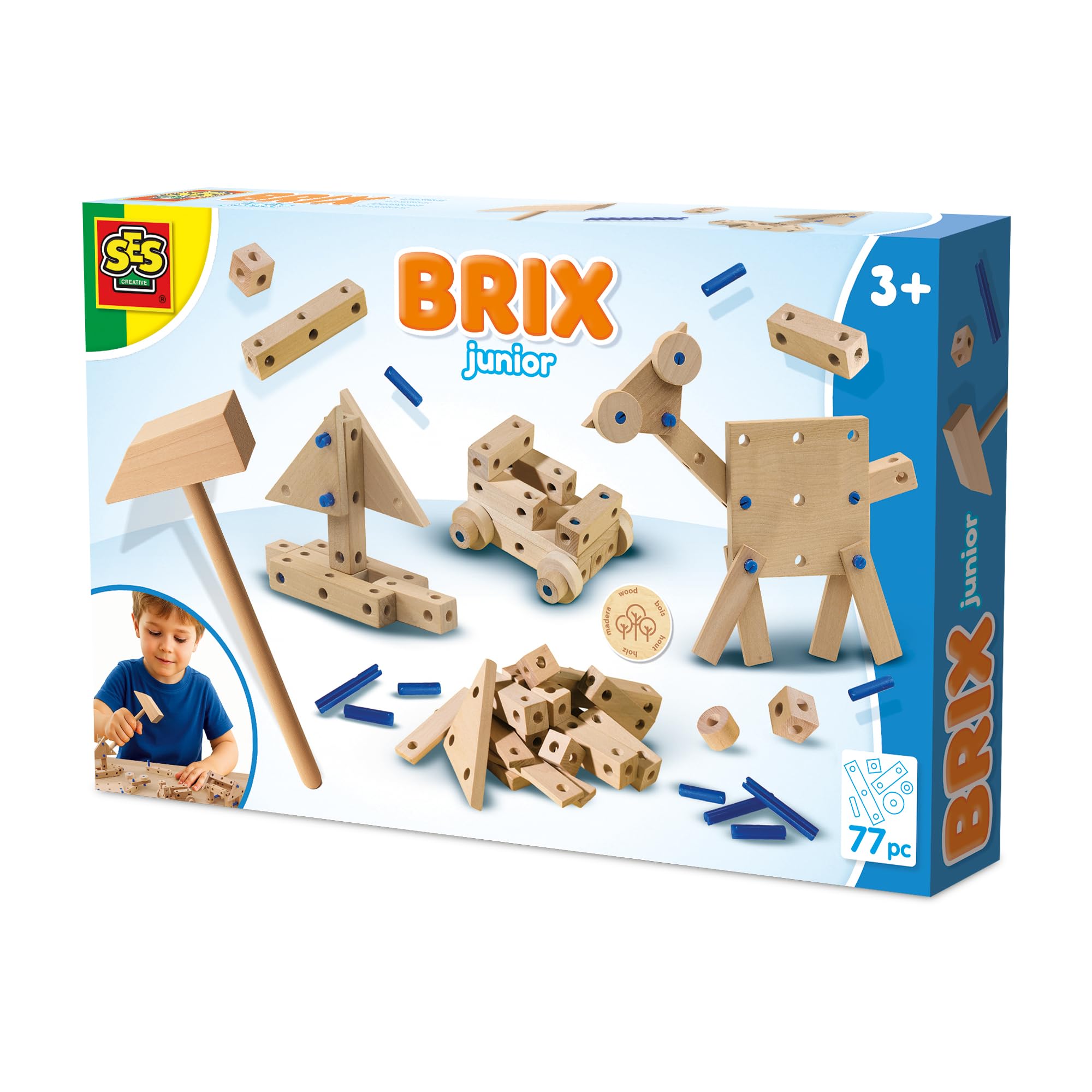 SES Creative Brix Junior Creations, Wooden Building Blocks Set with Wooden Hammer & Connecting Pins – Build, Imagine & Create Your Own Designs, Construction Toy for Kids 3+