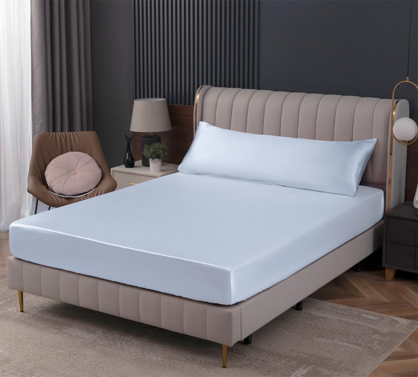 Homiest Baby Blue Satin Fitted Sheet King Size, Deep Pocket, Luxury & Ultra Soft Bedding