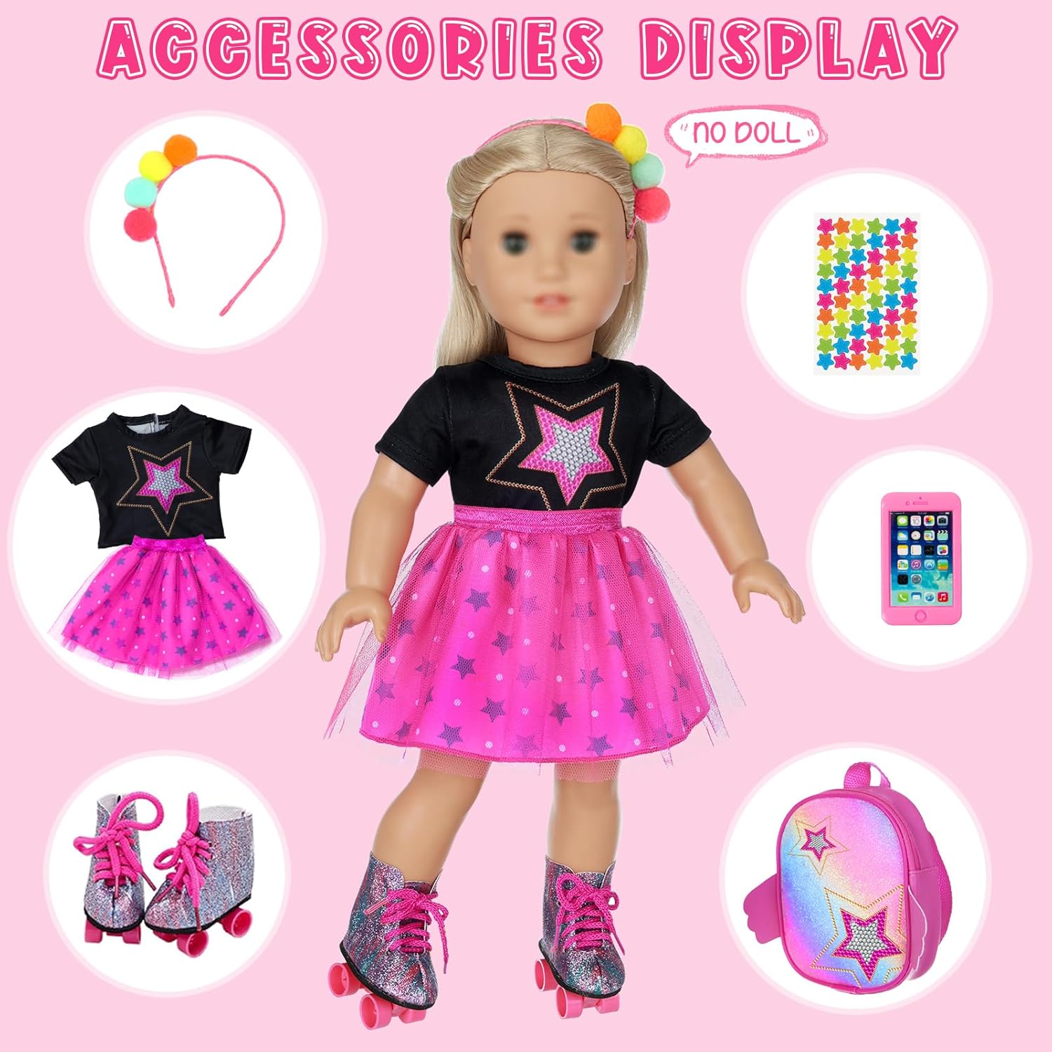 18 Inch Girl Doll Clothes & Accessories - Dress, Bag, Skating Shoes, Headband, Mobile Phone