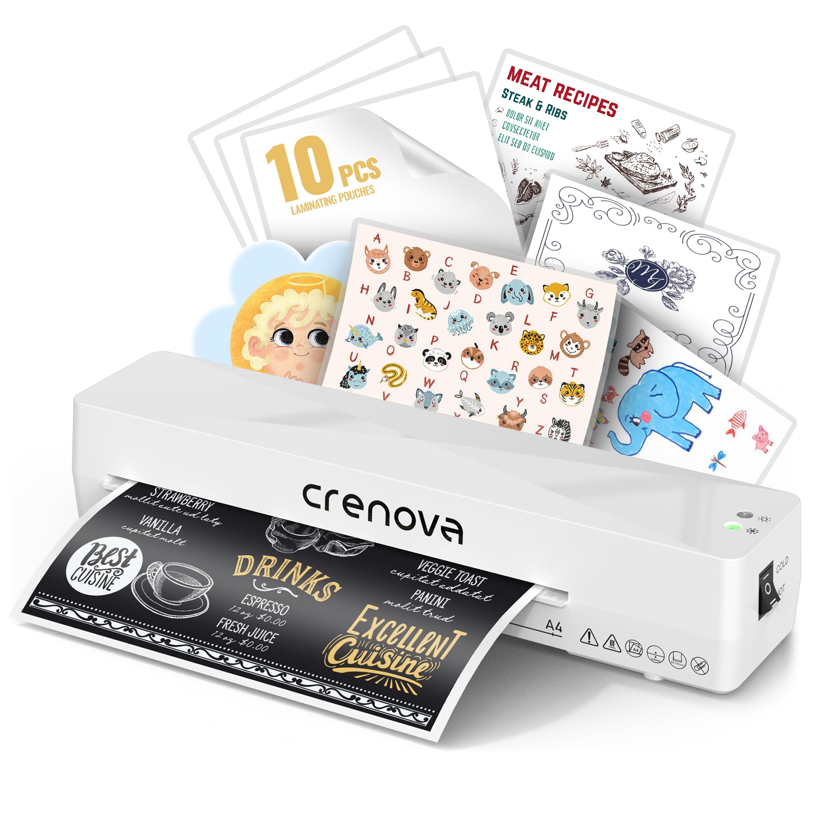 Crenova A4 Laminator Machine, Hot & Cold Laminator with Fast Warm-Up, ABS Anti-Jam, Includes 10 Laminating Pouches, Bubble-Free for Home, Office & School Use (White)