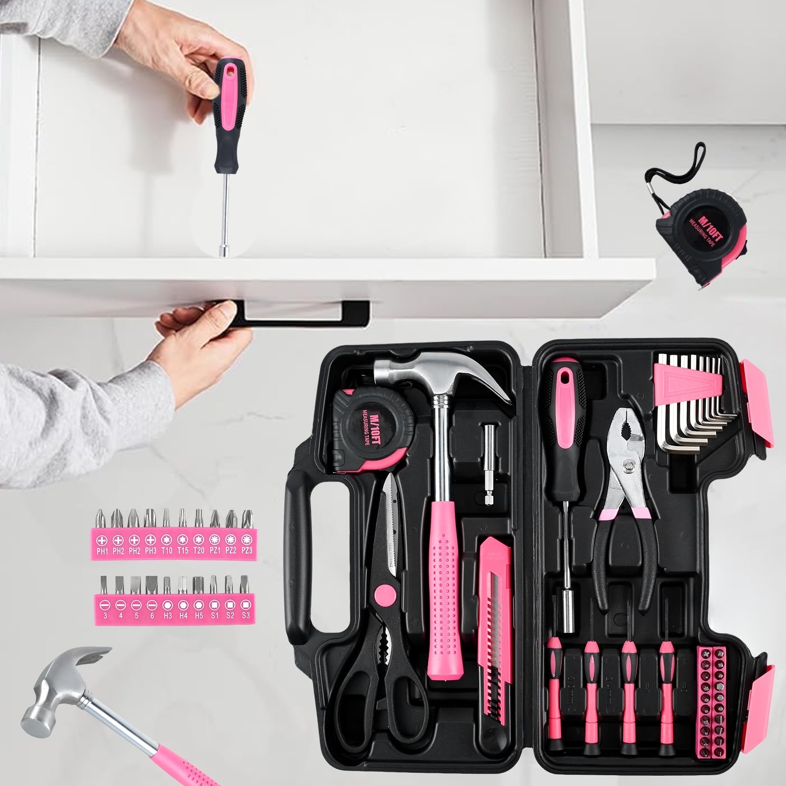 General Household Hand Tool Kit 39Pcs Home Repair Tool Set Pink Tool Kit Box Drill Set Multifunctional Home Tool Kit Set Portable Auto Repair Tool Kit with Plastic Toolbox Hand Tool Set for DIY Repair — view 2