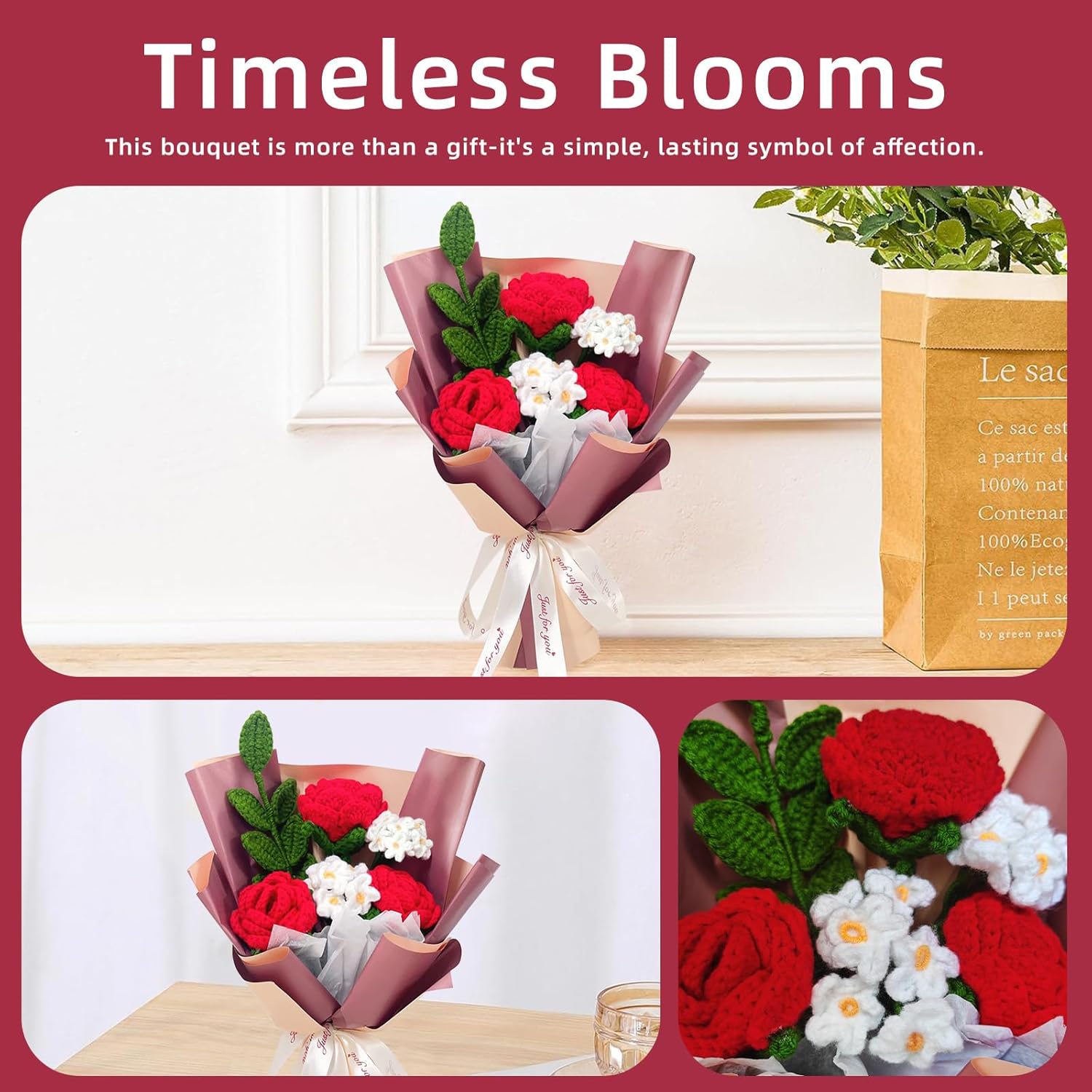 Crochet Rose Flower Bouquet, Red Rose Forget Me Not Knitted Artificial Flowers, Handmade Finished Crochet Bouquet, Gift for Mother Wife Women - Image 5