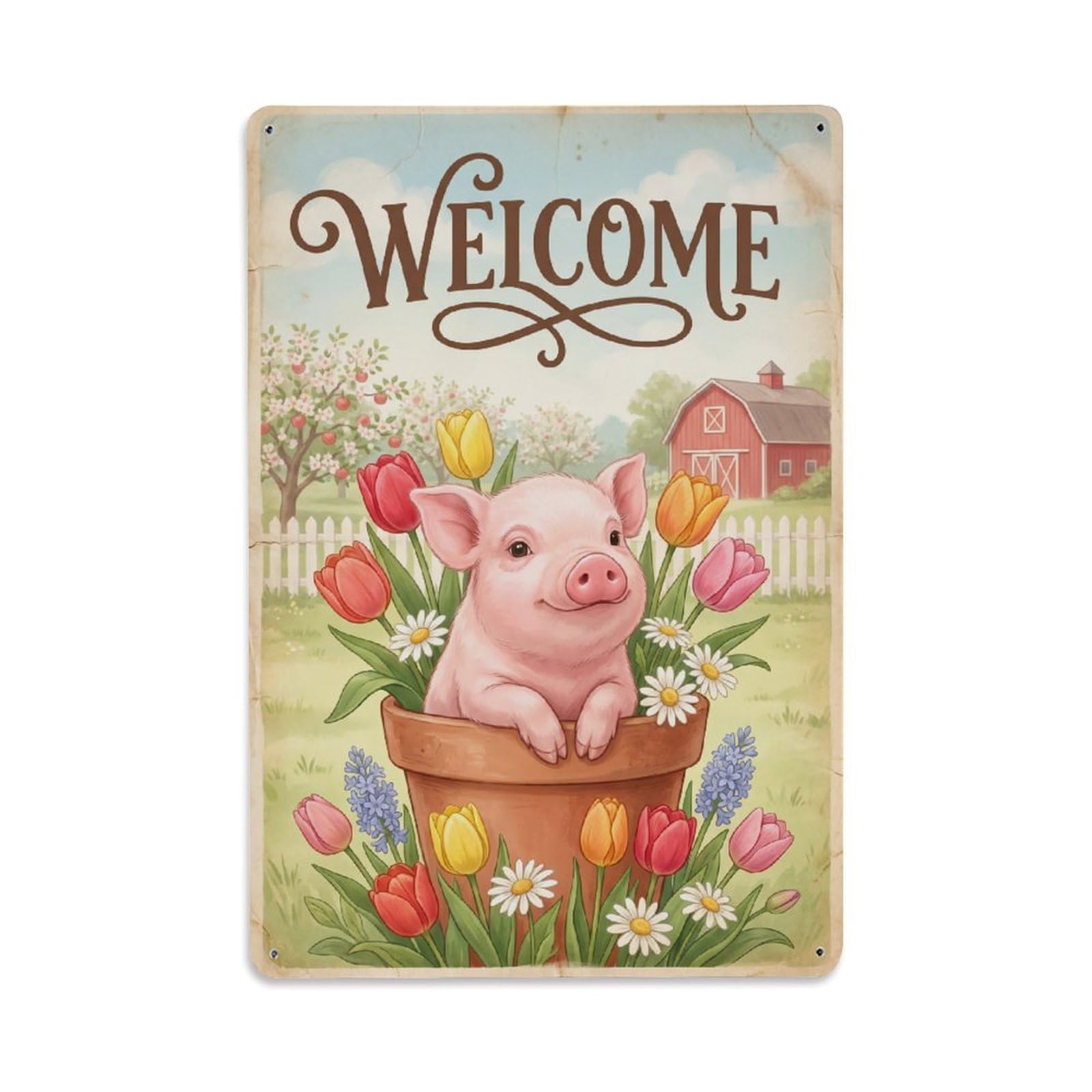 Cxhjca 8X12inch(20X30cm) Vintage Welcome Piglet Happy Home Metal Tin Sign