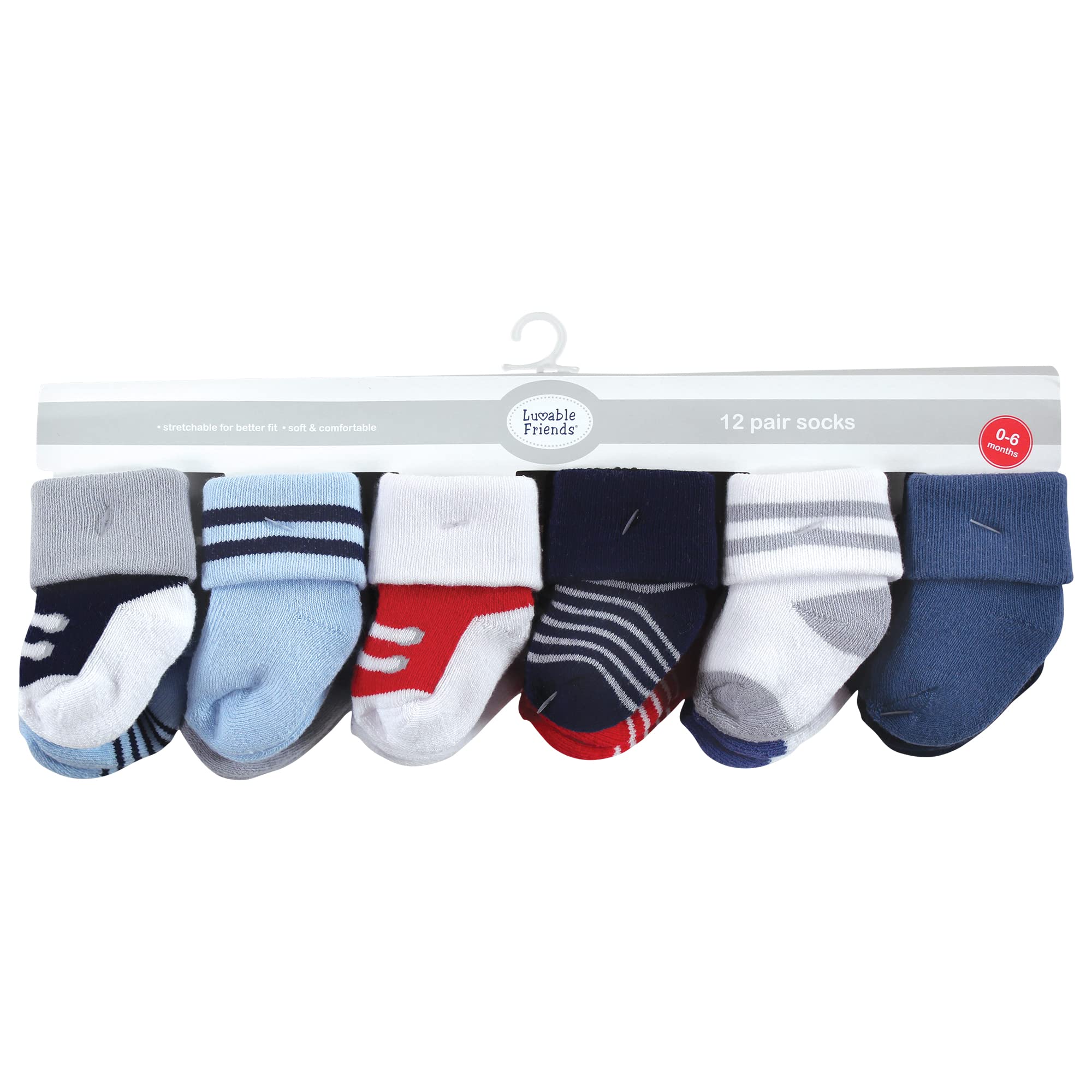 Luvable Friends Unisex Baby Marineblau, 12 Stück, Neugeborene Frotteesocken, Rot, 0-6 Monate, Red Navy Sneakers 12er-Pack