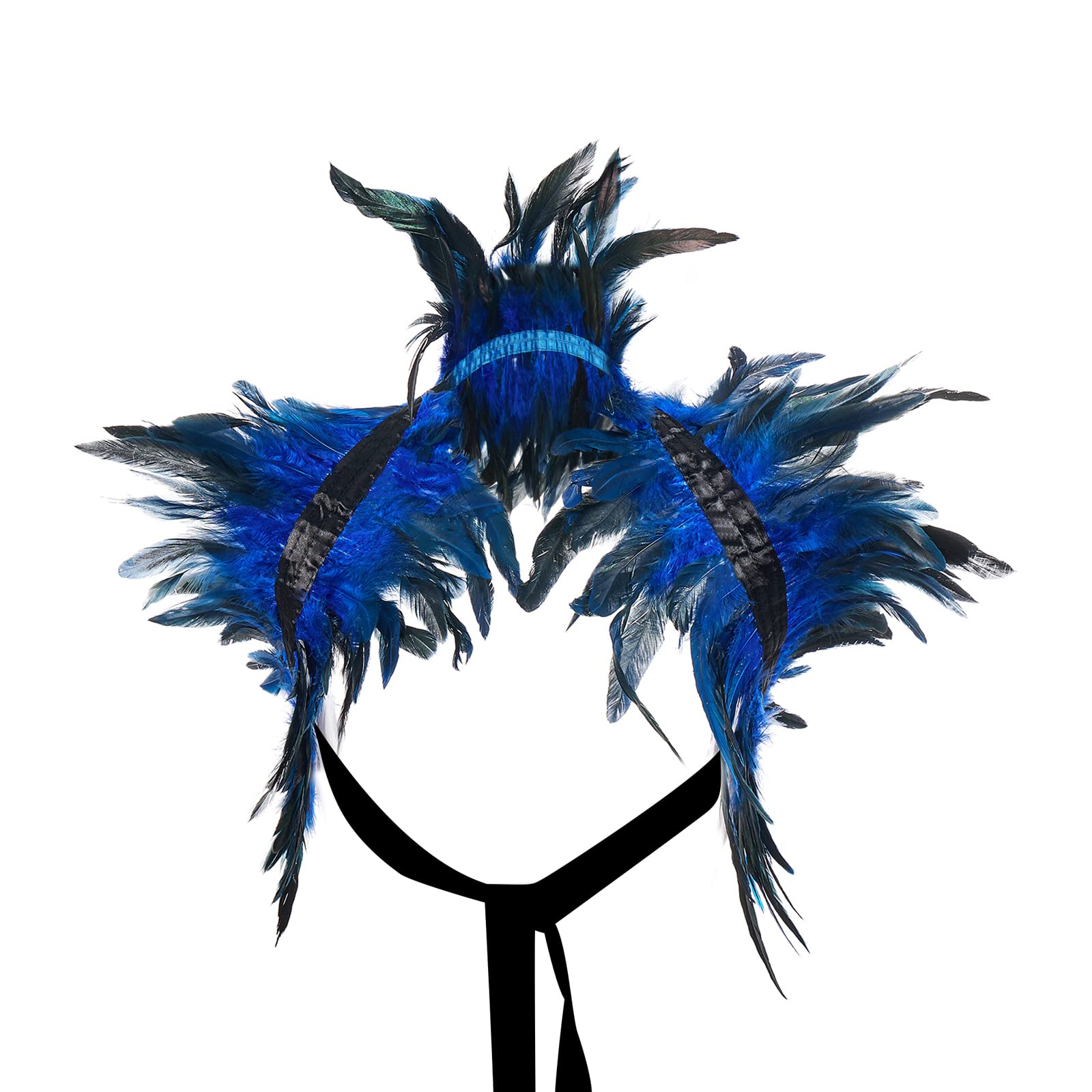 Niceyoeuk Women Natural Feather Cape Maleficent Costume Gothic Lacing Shawl Shrug Collar Feather Cape for Halloween Cosplay Christmas Party (Sapphire Blue, One Size)