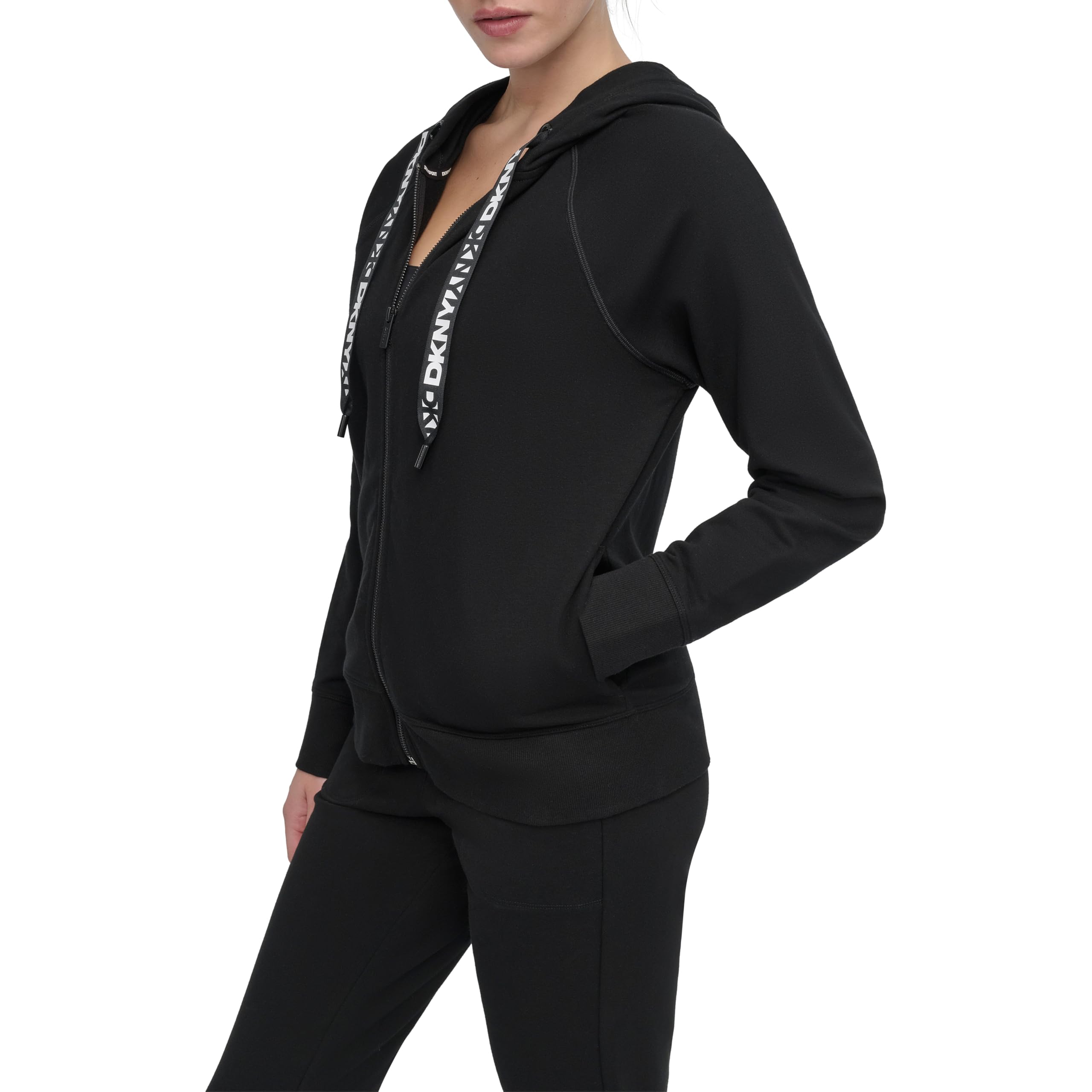 DKNY Logo Drawstring Full Zip Fleece Hoodie Sudadera con Capucha para Mujer