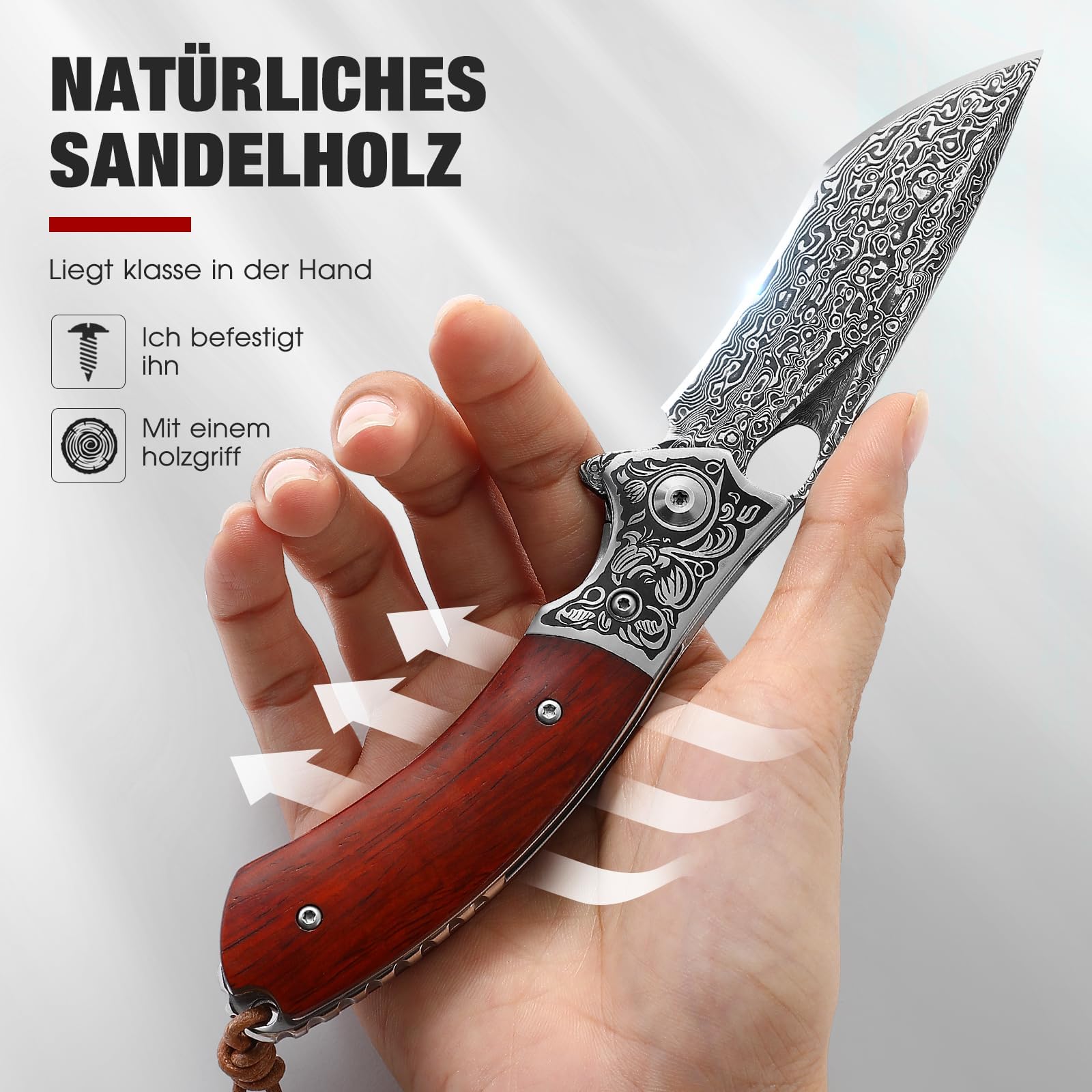 DRACHENADER Acero de Damasco de de un solo filo navaja de bolsillo con funda de cuero hermoso, cuchillo plegable al aire libre VG10 Kern mango de madera de regalo