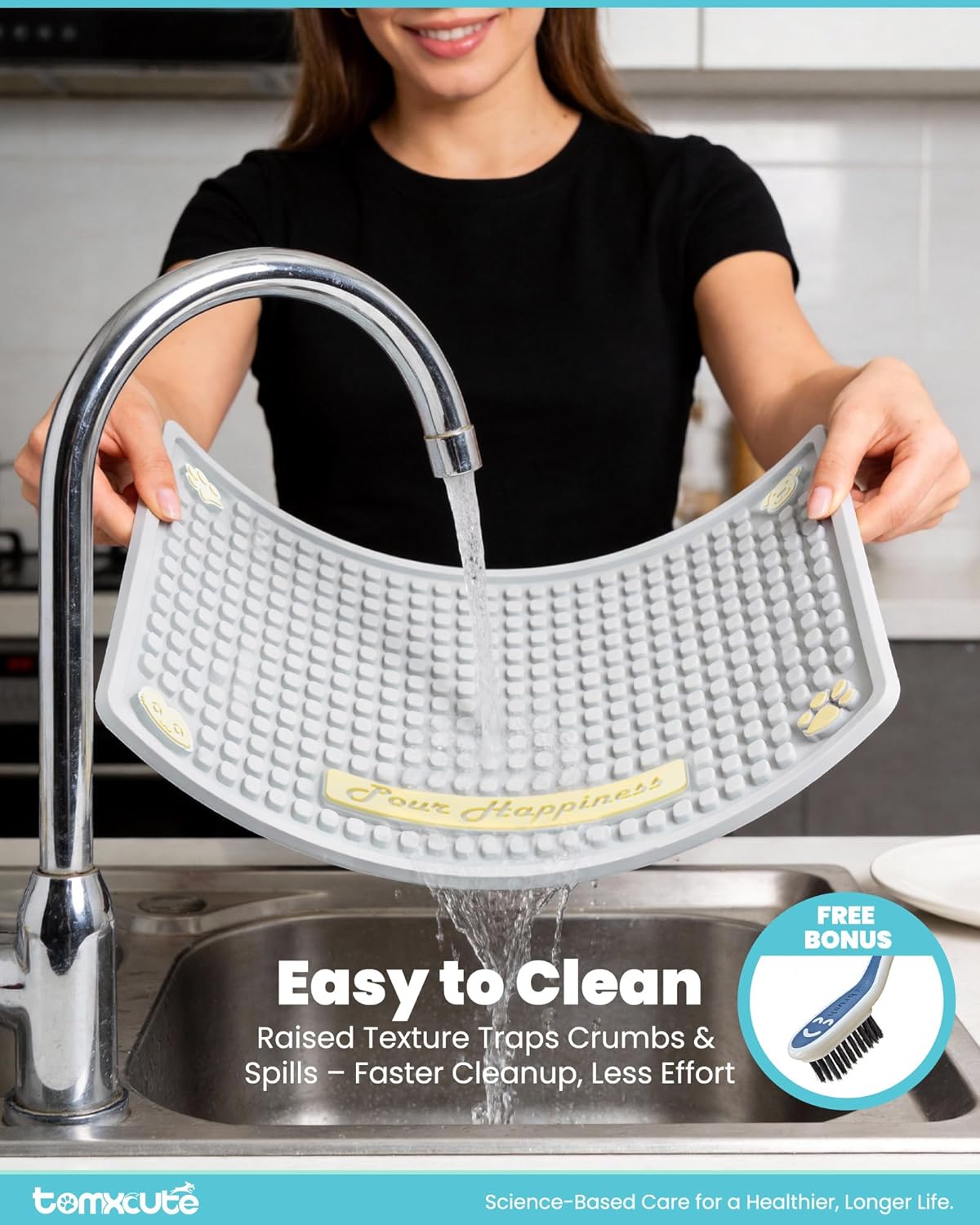 Tomxcute Non-Absorbent Cat Water Fountain Mat, 19.7" x 14.2" Extra Thick Waterproof Pet Feeding Mat, Heavy-Duty PVC Floor Protector for Active Drinkers, Raised Edge Tray for Food and Water Bowls, Grey