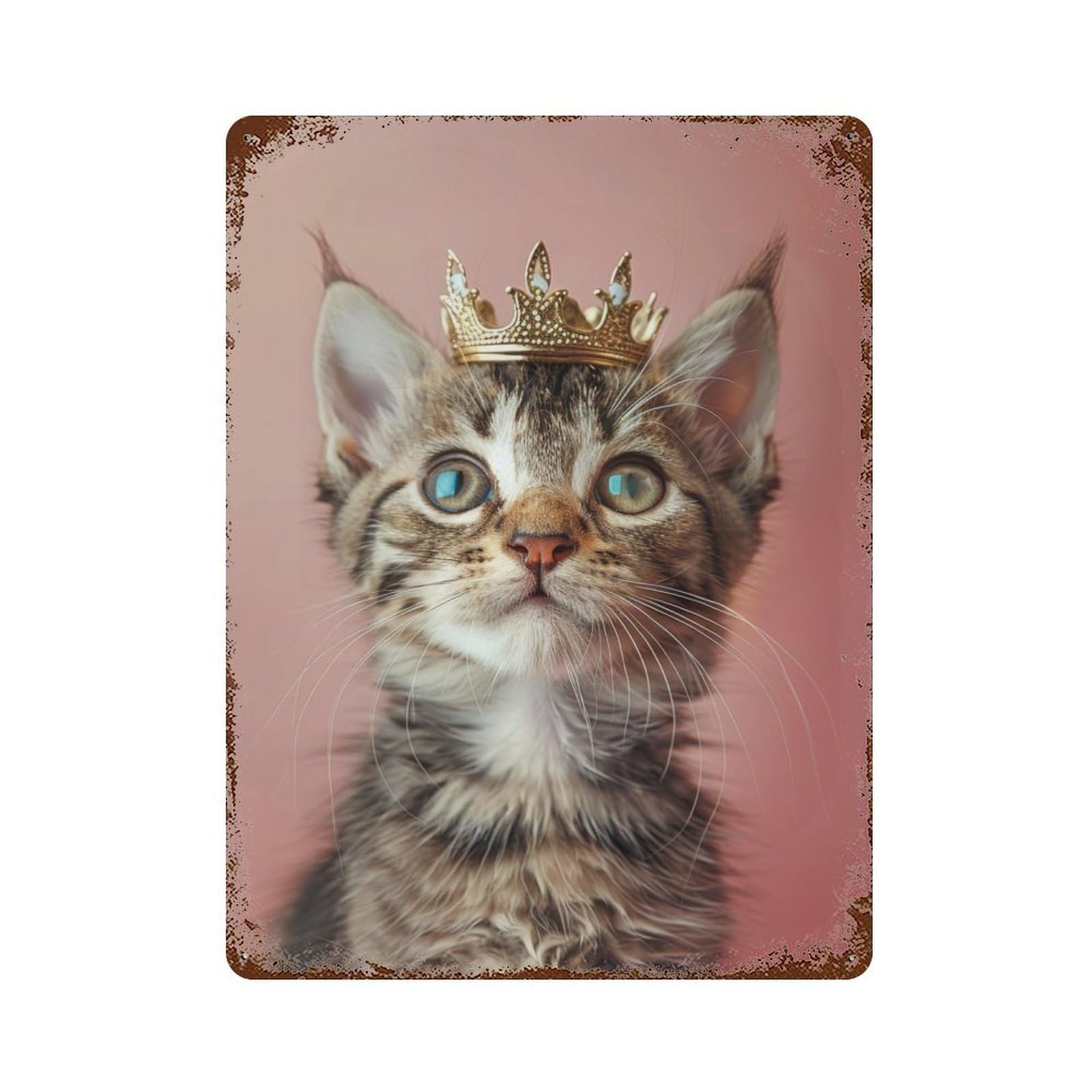 Cute Cat Pastel Crown Aged Metal Wall Plaque 15.7"x11.8", Decorative Metal Wall Art for Garage, Pub Or Kitchen