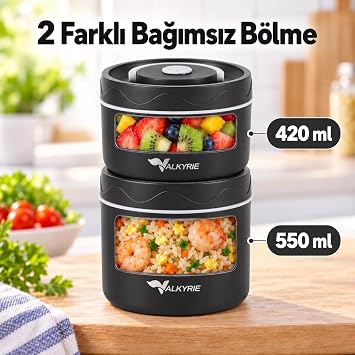 Valkyrie 2 Katlı Taraftar 304 Paslanmaz Çelik Yemek Termosu 420+550 ml Isı Yalıtımlı Çantalı Siyah