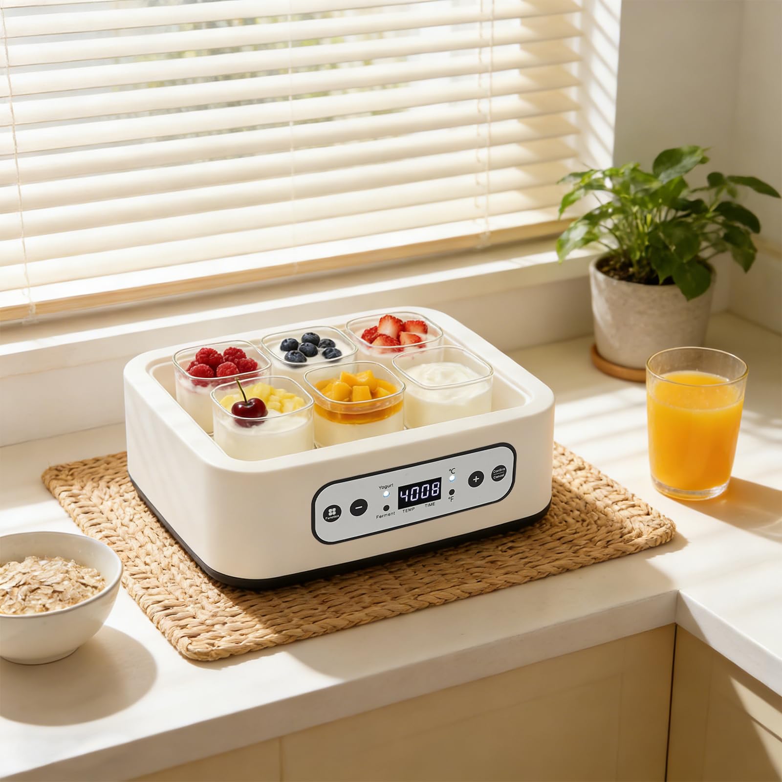 Yogurtera automática de 25 W con tapa, incluye 6 recipientes de cristal de 250 ml para hasta 1,5 l de yogur, yogurt con temperatura 21 – 48 °C