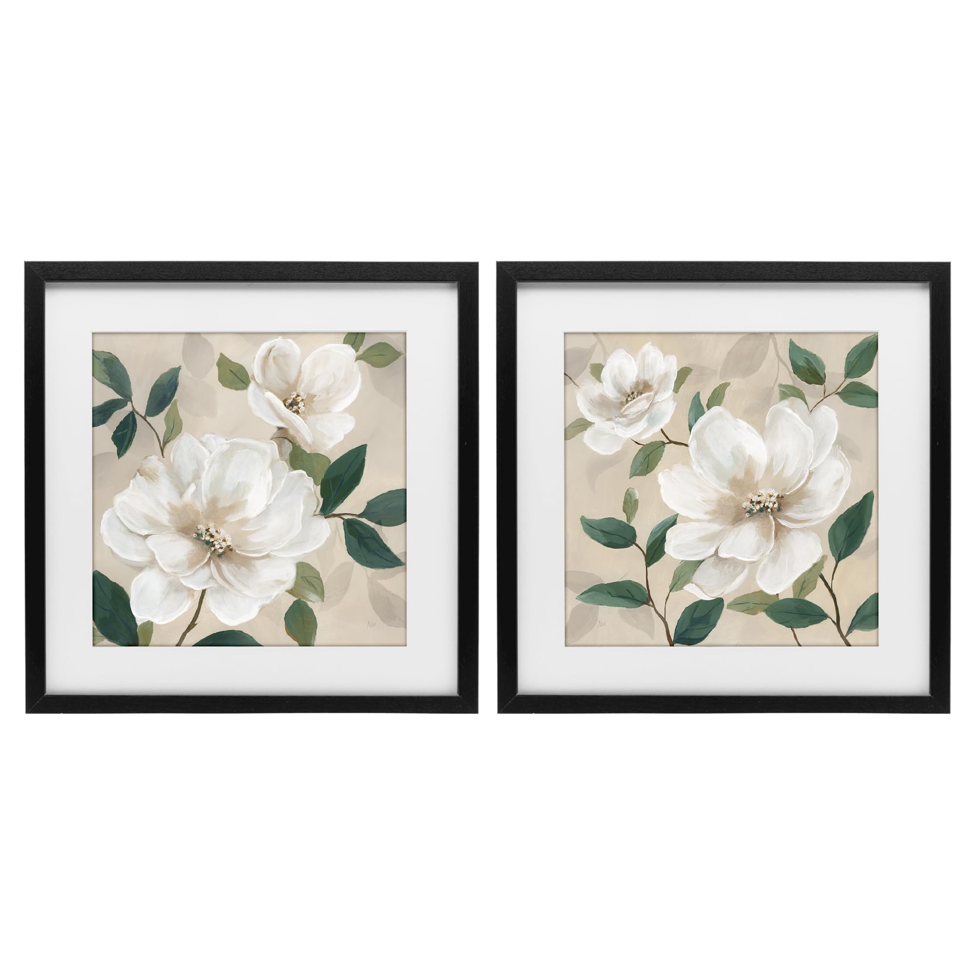 Stupell Industries 'Serene White Blossoms & Foliage', 2pc Framed Print Under Glass Set, Black, 13 x 13 Inches, Easy to Hang and Sturdy, Made in USA, by Nan