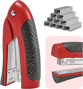 Stand-Up Stapler with 1000 Standard Staples (24/6), Ergonomic Soft Grip Small Compact Handheld Desktop Stapler for Office Business Home School - Red