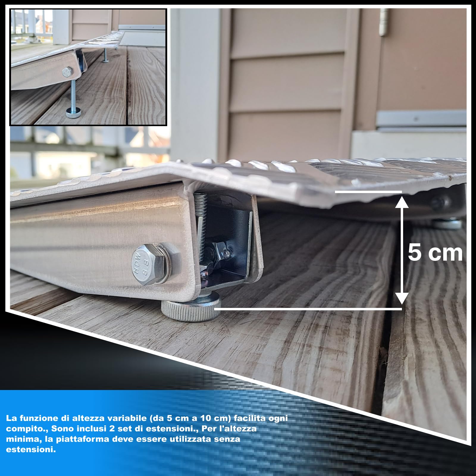 Rampa di Soglia Alluminio Anodizzato Rigida Piattaforma di Carico Altezza Regolabile Superficie Antiscivolo 1TR90
