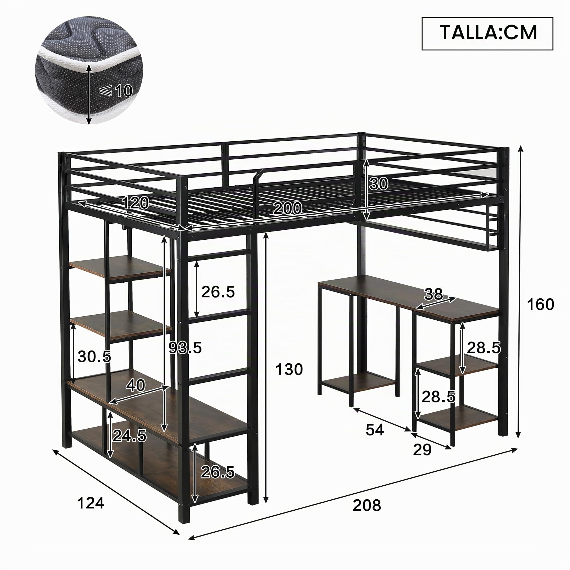 Idemon Cama alta de hierro, con escritorio y estante, somieres de listones estables, escalera de 4 niveles, hierro + aglomerado, negro y oscuro, 120 x 200 cm