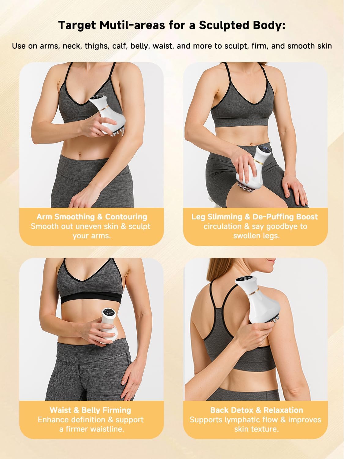 Woman using NENRENT Body Sculpting Machine on various body parts