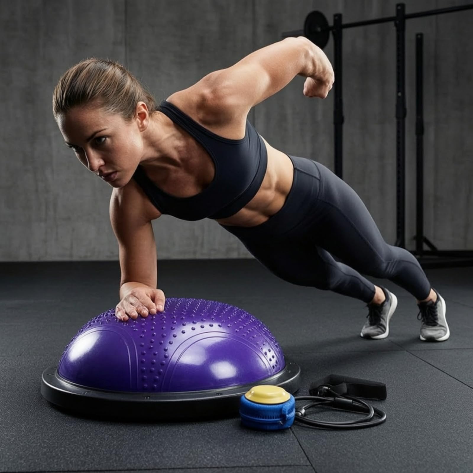 Halbball mit Noppen rutschfest Yogaball mit Flacher Unterseite sicherer Stand Balance-Ball für Sportler, Heimtraining, Pilates, Blau Massage-Modell, 58cm
