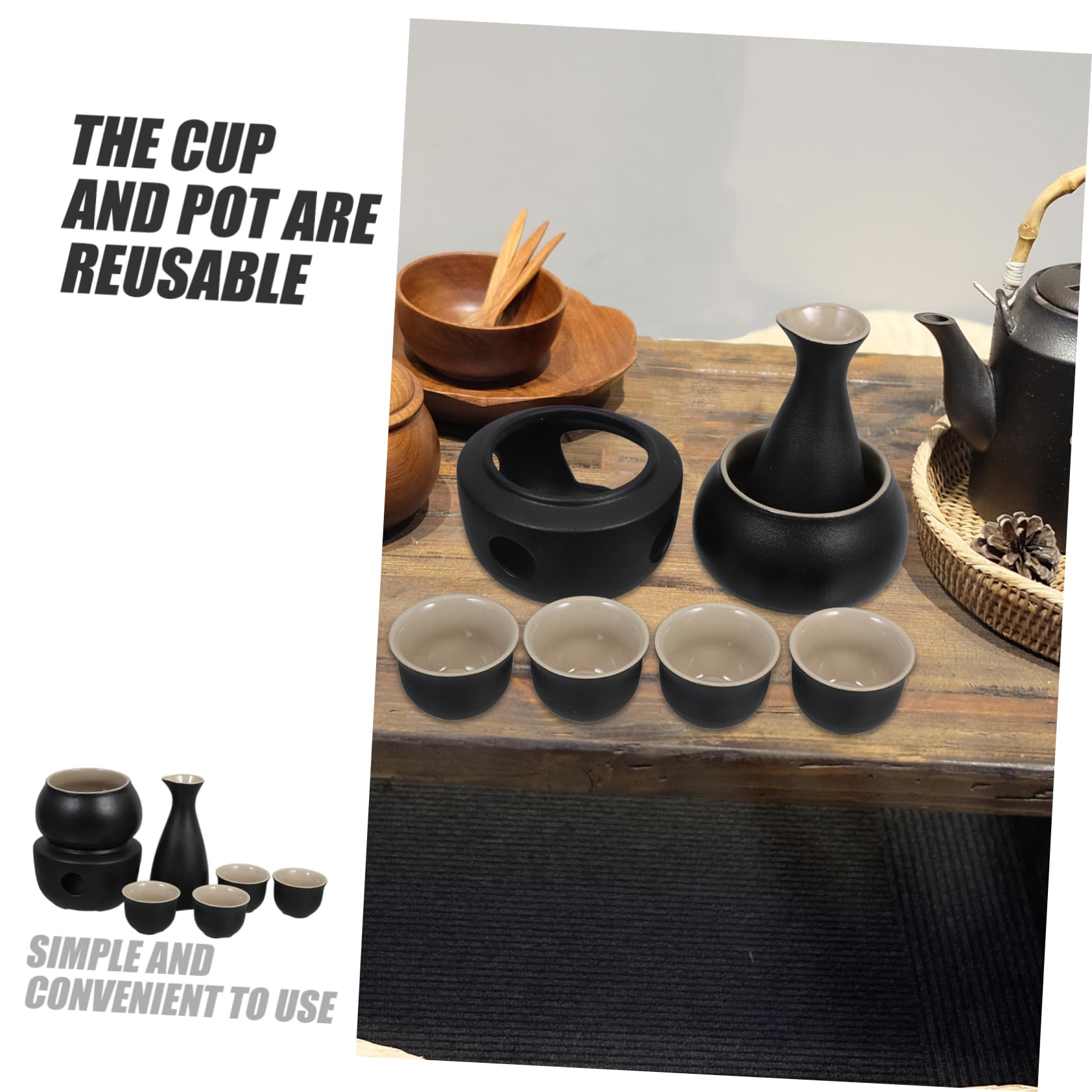 GARVALON Service à Saké et Tasse 45ml en Céramique Noire Traditionnel et Chauffe-Tasse Stable avec Pot 175ml Surface Confortable pour Maison ou Restaurant
