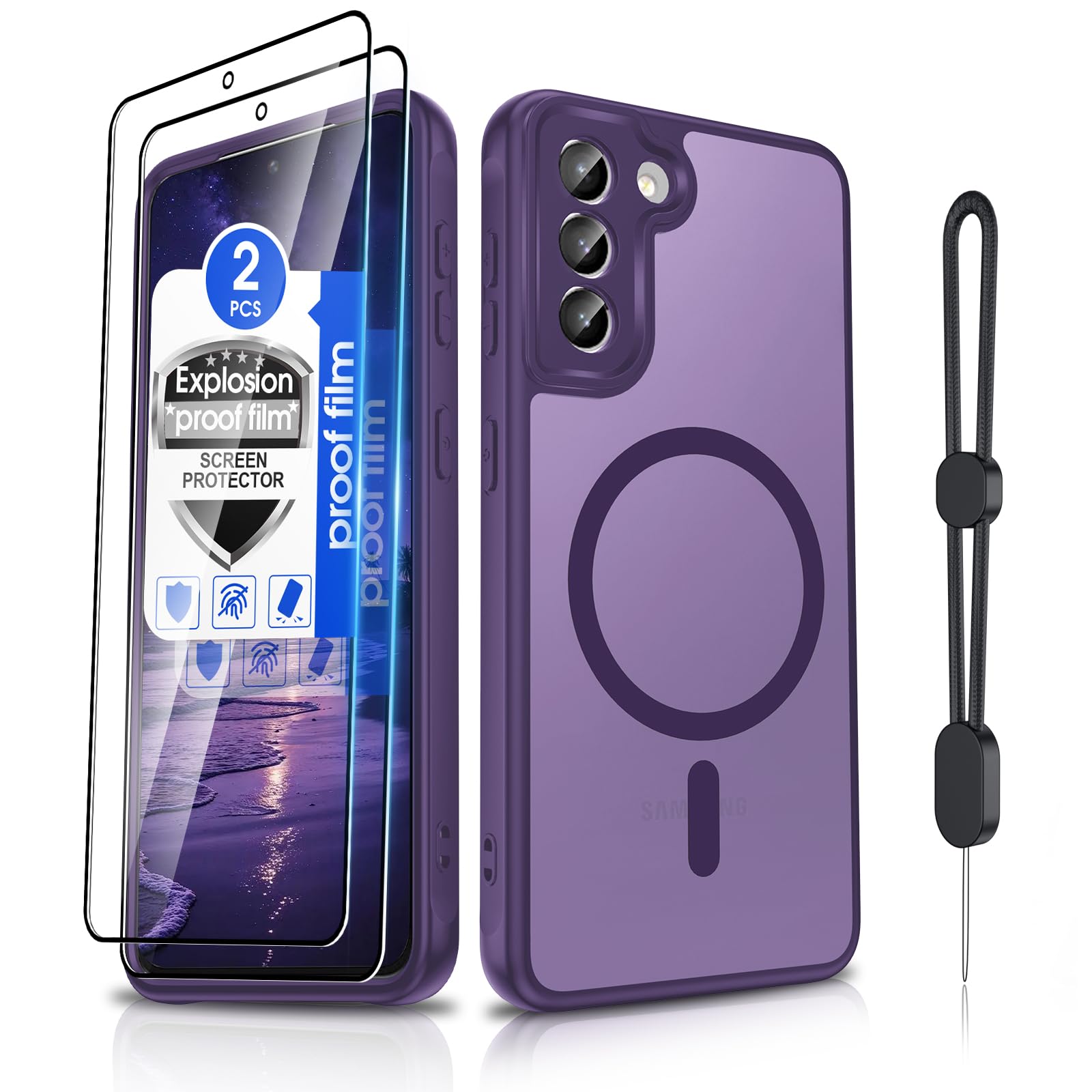 Dizn for Samsung Galaxy S21 Plus Case,with 2 Pcs Explosion-Proof Film,Compatible with MagSafe,S21+ [Slim Soft] Phone Case,Matte Translucent,Military-Grade Shockproof，for S21+,Purple