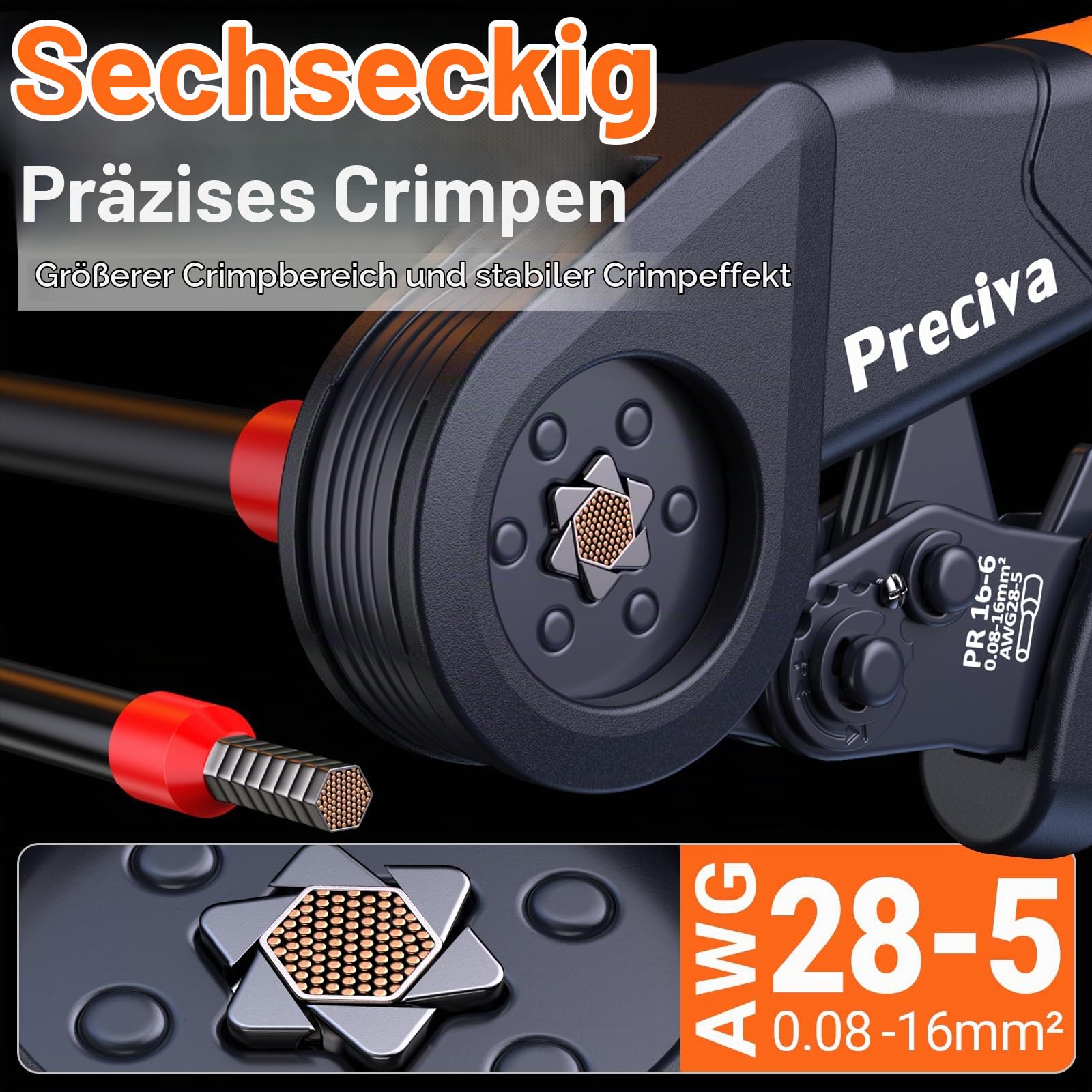Preciva Sechskant Crimpzange 0.08-16mm² Aderendhülsenzange mit Aufbewahrungsbox + 1500 Stück Aderendhülsen + 100 Stück 15cm Kabelbinder + 50 Stück Kabelbinder mit Beschriftungsfeld