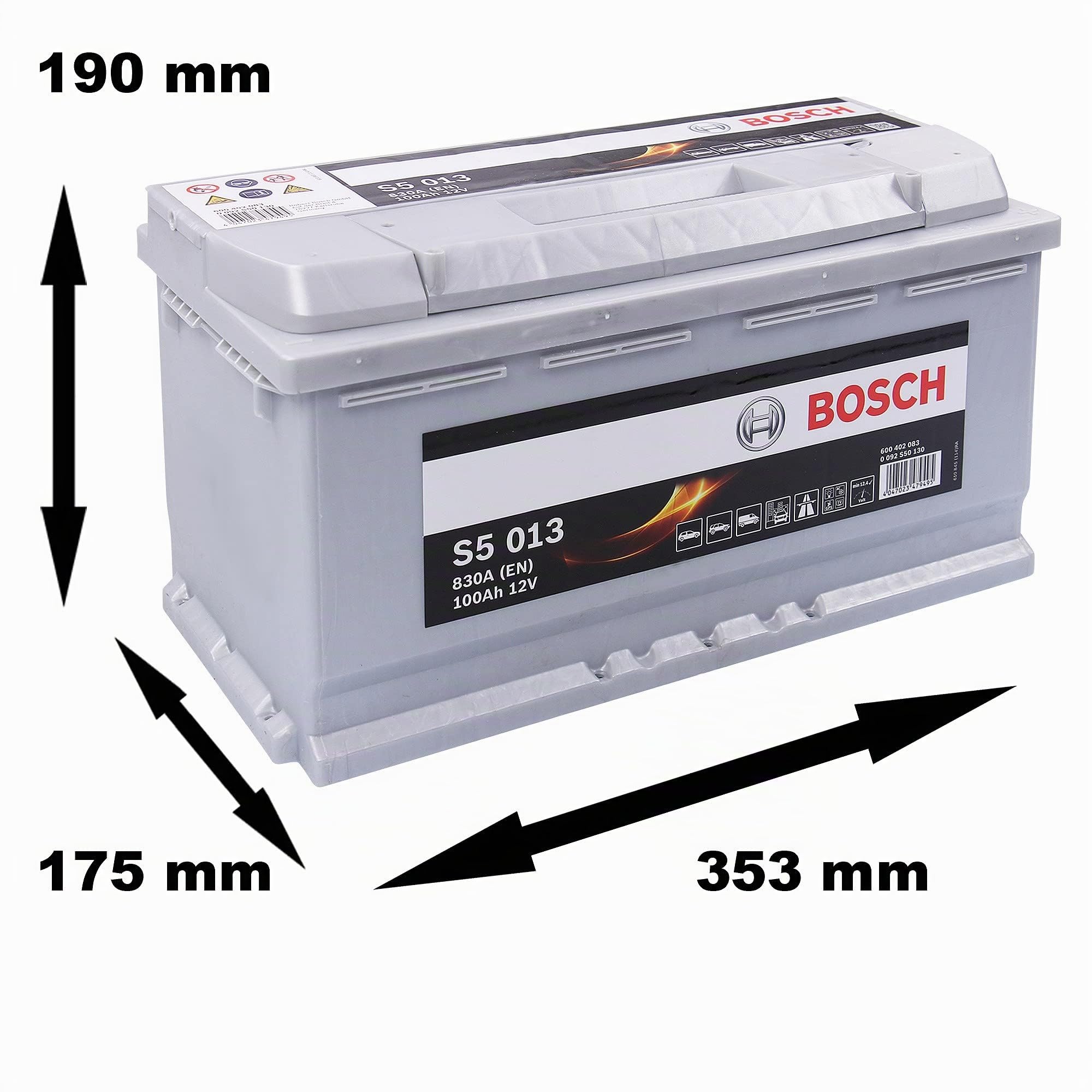 BOSCH Batería 100, Ah 830, A/EN 0 092 S50 130 L 353mm B 175mm H 190mm Compatible con AUDI A4 B8 Avant 8K5 A6 C7 Avant 4G5, 4GD, MERCEDES-BENZ Clase C T-modell S204, OPEL Insignia A Sports Tourer G09