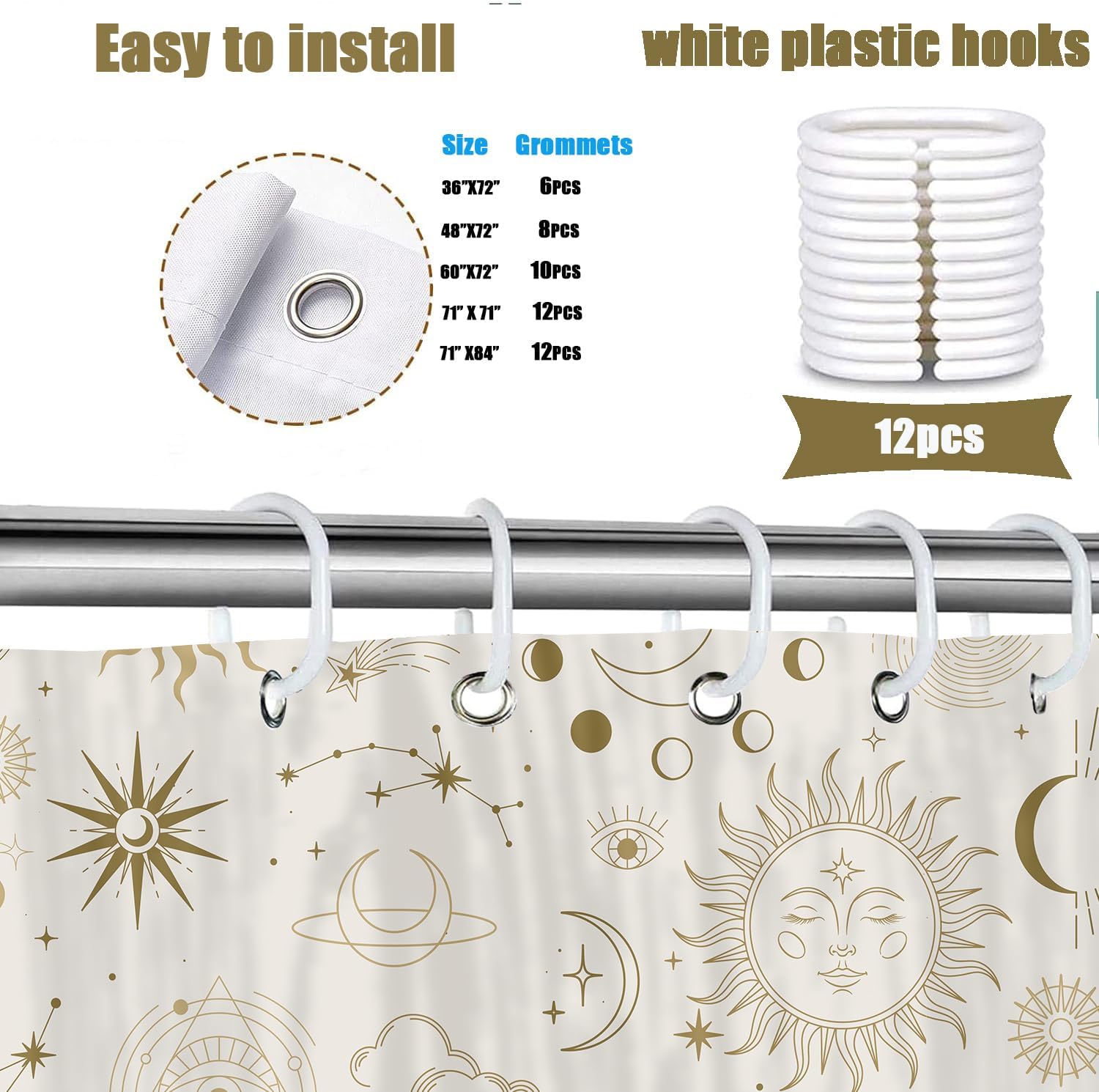 Boho Sun Moon Phase Shower Curtain，Mysterious Constellation Astrology Beige Crescent Tarot Celestial Gothic Star Shower Curtain Set,Polyester Shower Curtains with Hooks,71x84 Inch.