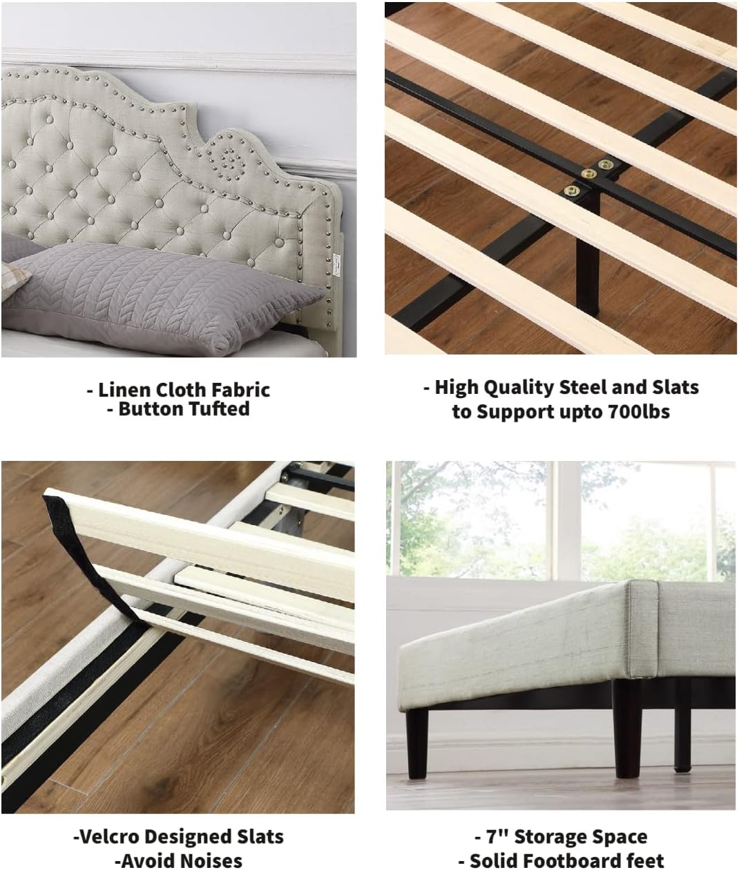 Queen Upholstered Platform Bed Frame with 47" Tall Adjustable Headboard - Button Tufted Linen Bed - Wood Slat Support with Storage Space - No Box Spring Needed - Beige - Oliver & Smith - Elizabeth
