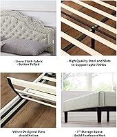 Vista 6 de Base de cama de plataforma tapizada completa con cabecero ajustable de 47 pulgadas de alto, cama de lino con botones, soporte de listones de madera
