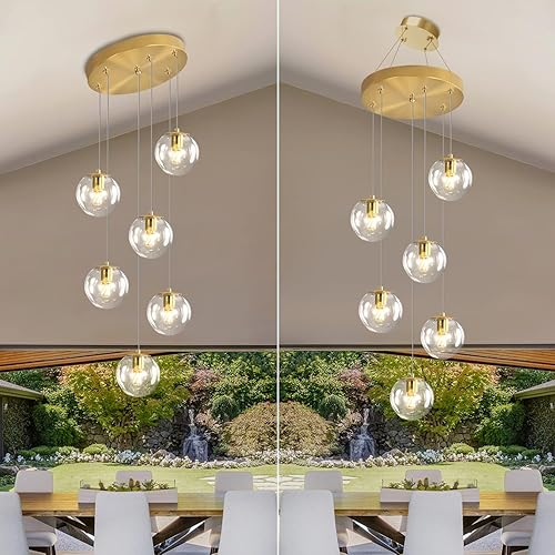 Miniatura 96 de Escalera LED de 10 luces LED moderna con globo de cristal, lámpara colgante grande para techos altos, accesorios de iluminación de entrada, villas y